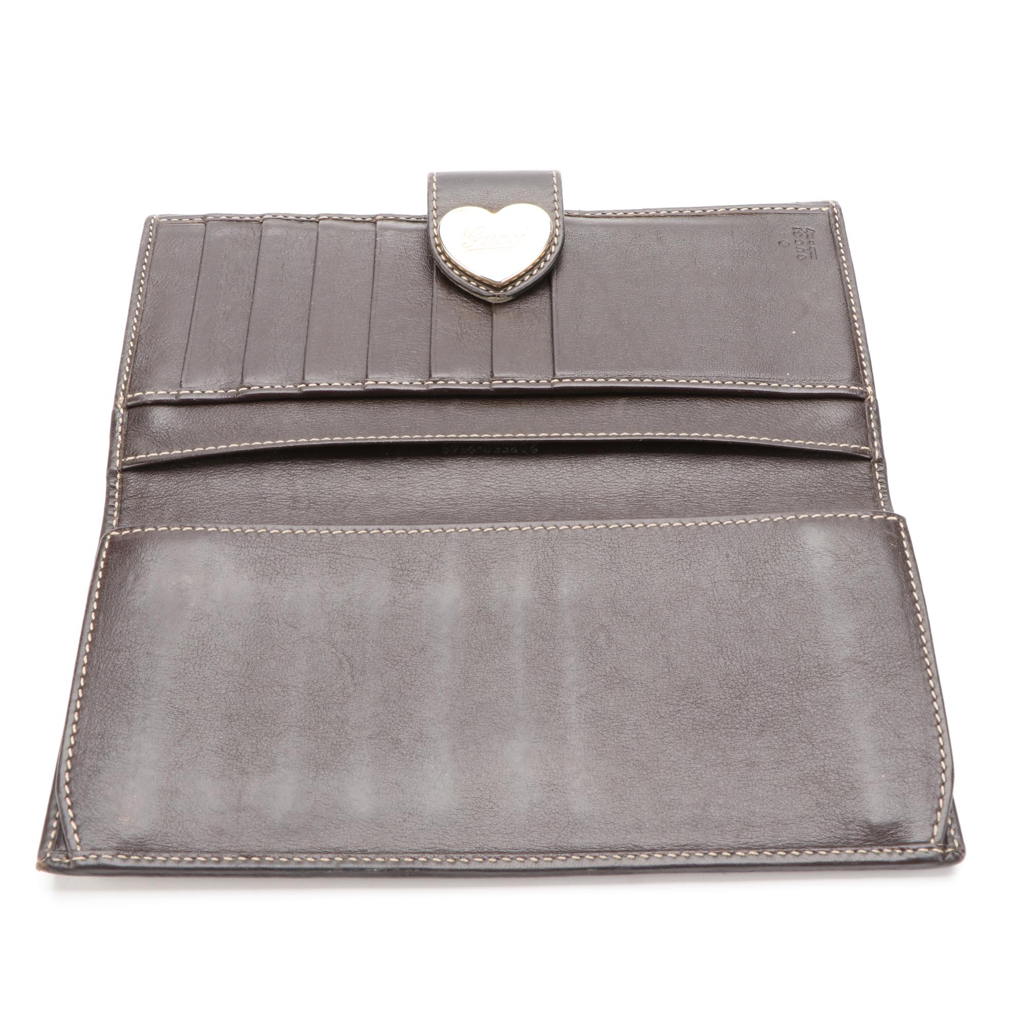 Gucci Heart Charm Continental Wallet in GG Canvas and Dark Brown Leather w/Box