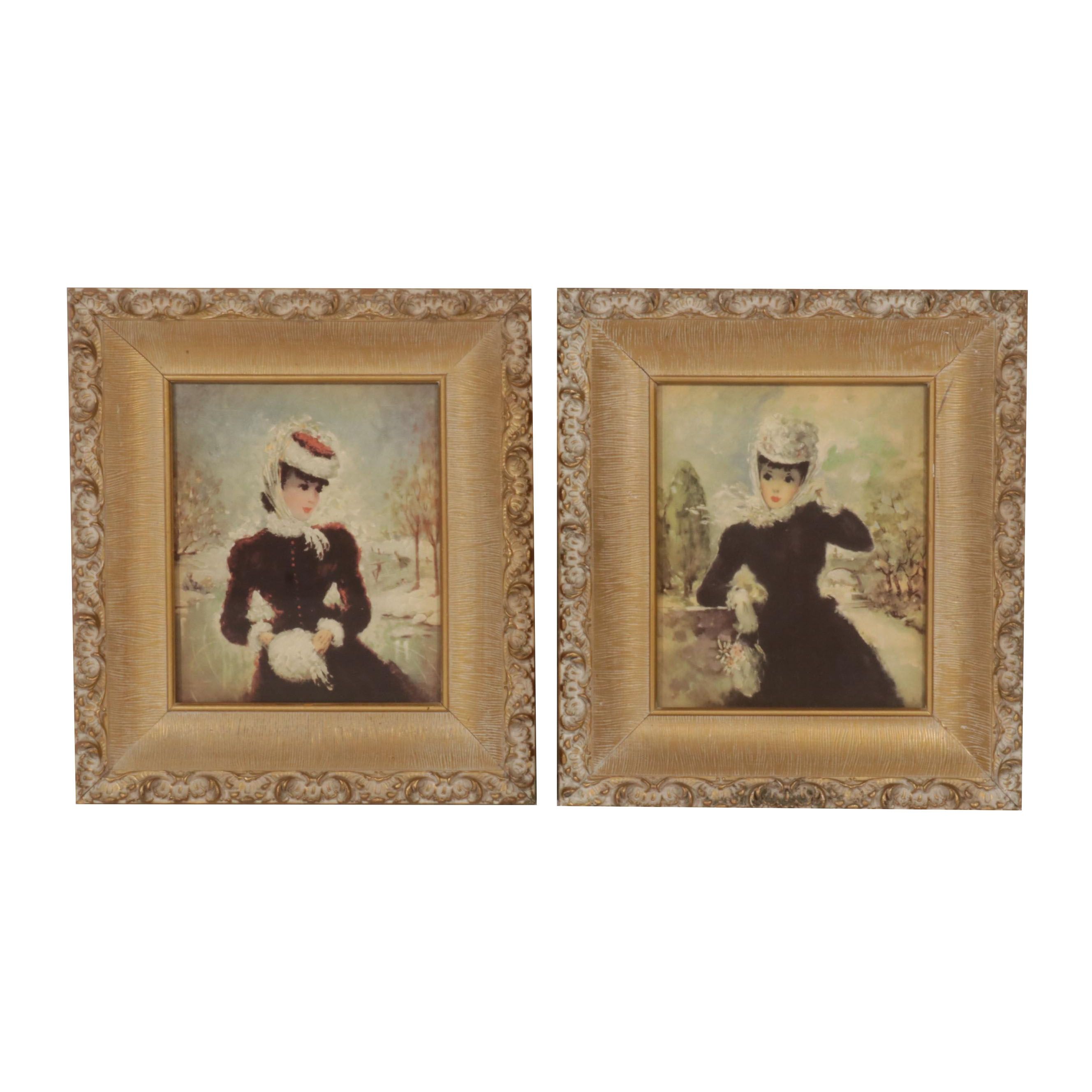 Young Women Offset Lithographs After Florence Kroger in Illuminated Frames