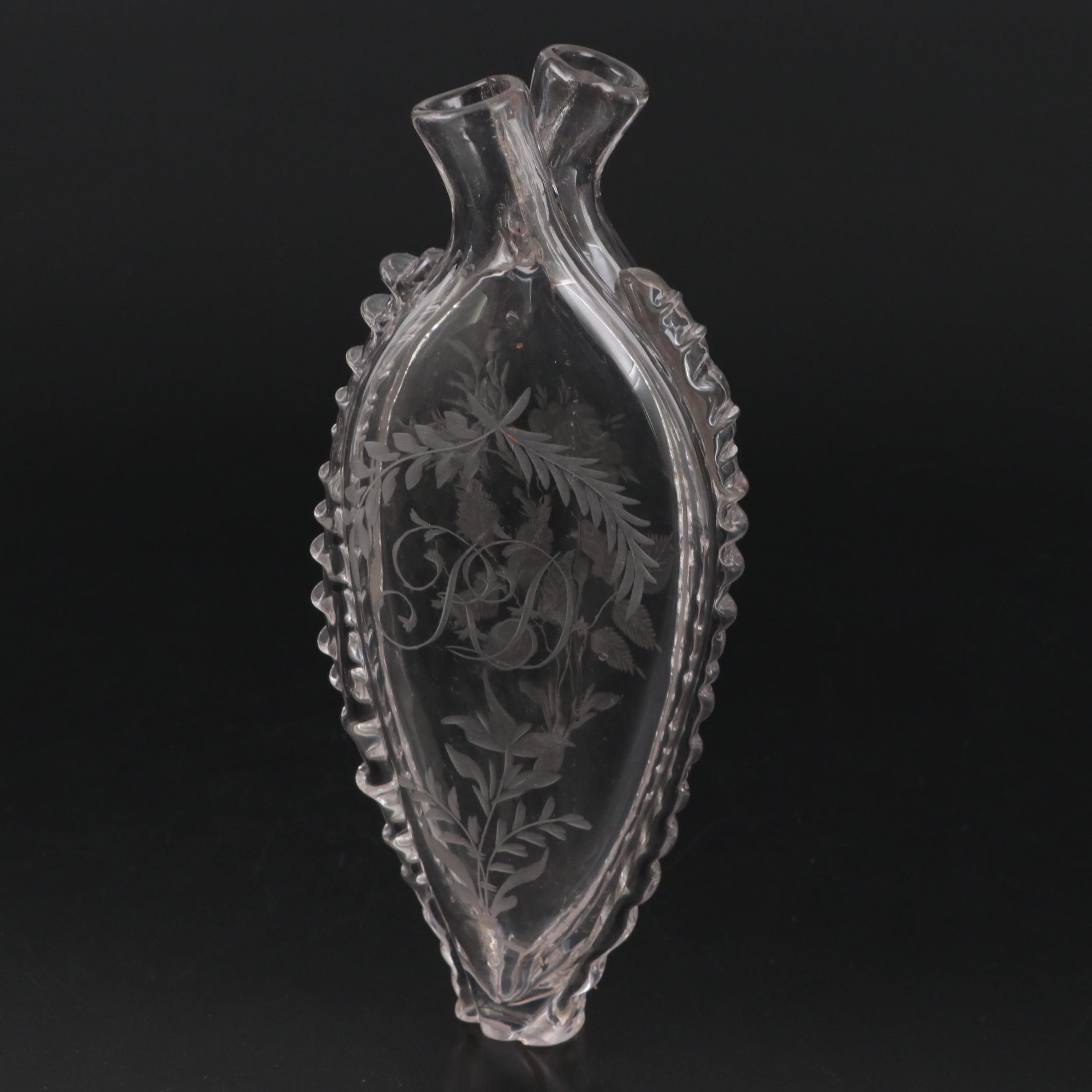 English Victorian Glass Gimmel Flask with Other Glass Flower Frogs and Urn Vase