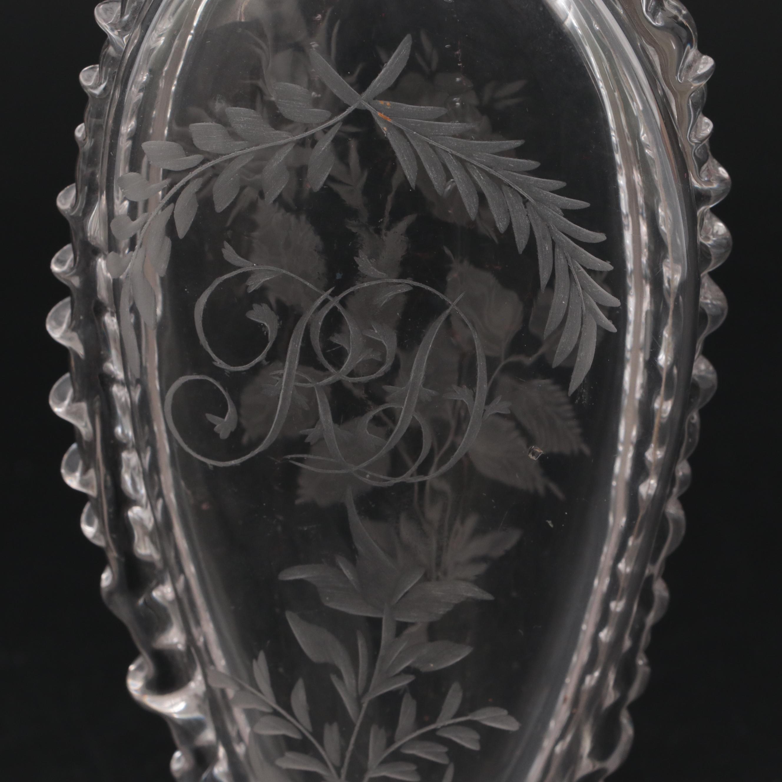 English Victorian Glass Gimmel Flask with Other Glass Flower Frogs and Urn Vase
