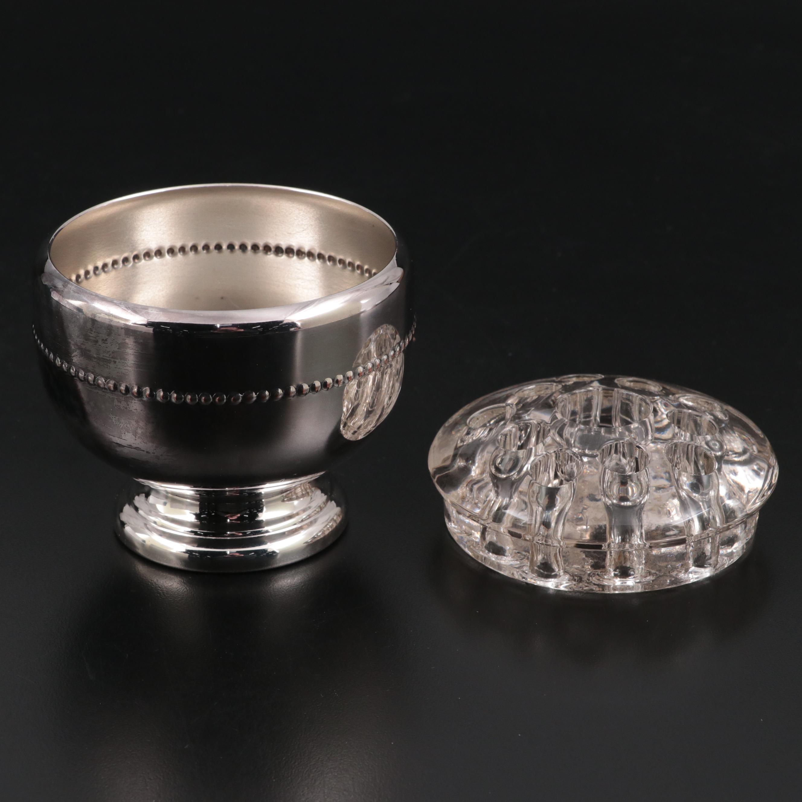 English Victorian Glass Gimmel Flask with Other Glass Flower Frogs and Urn Vase