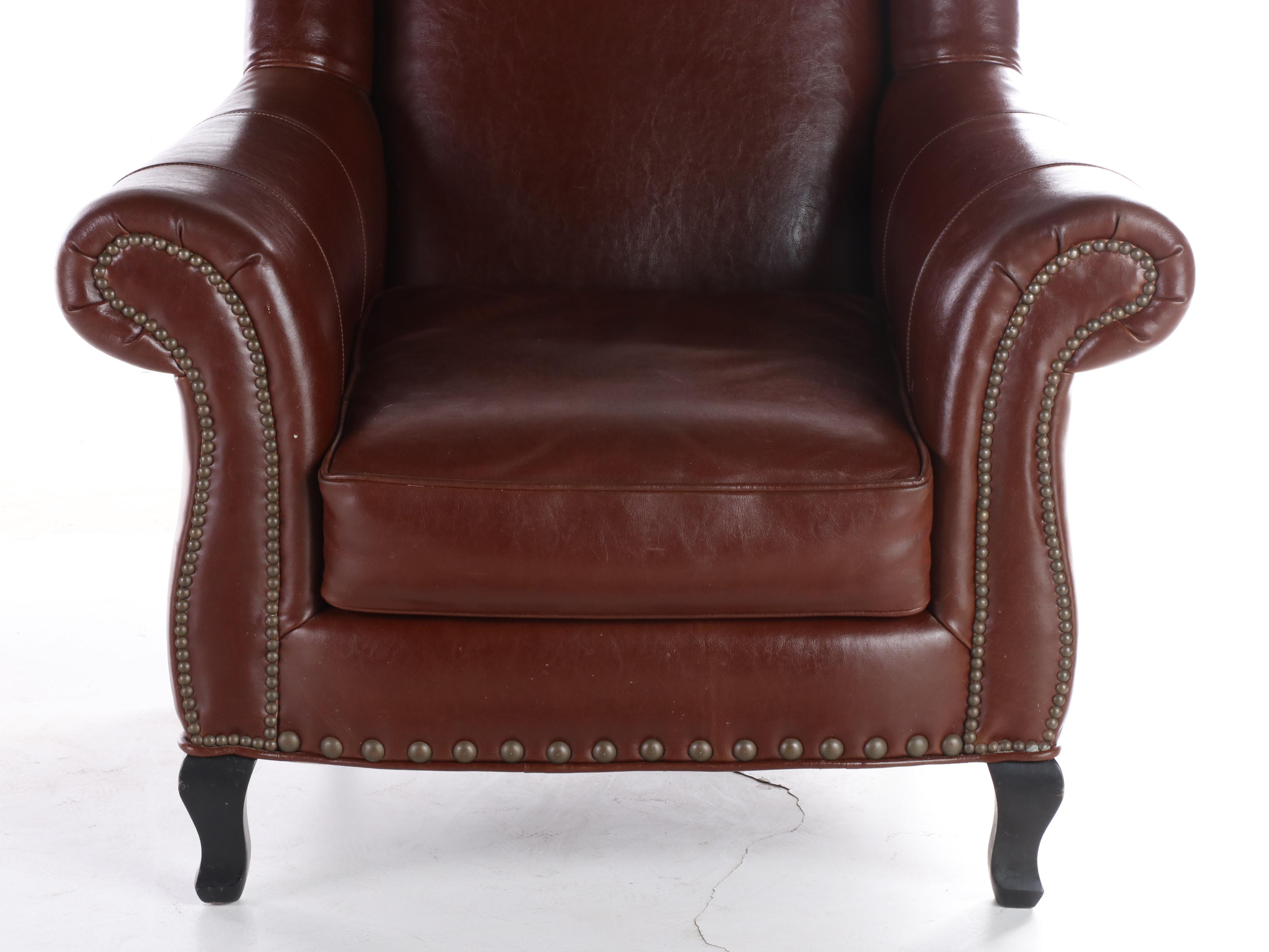 Cambridge Collection for Arhaus Furniture Leather Wingback Armchair w/ Nailheads