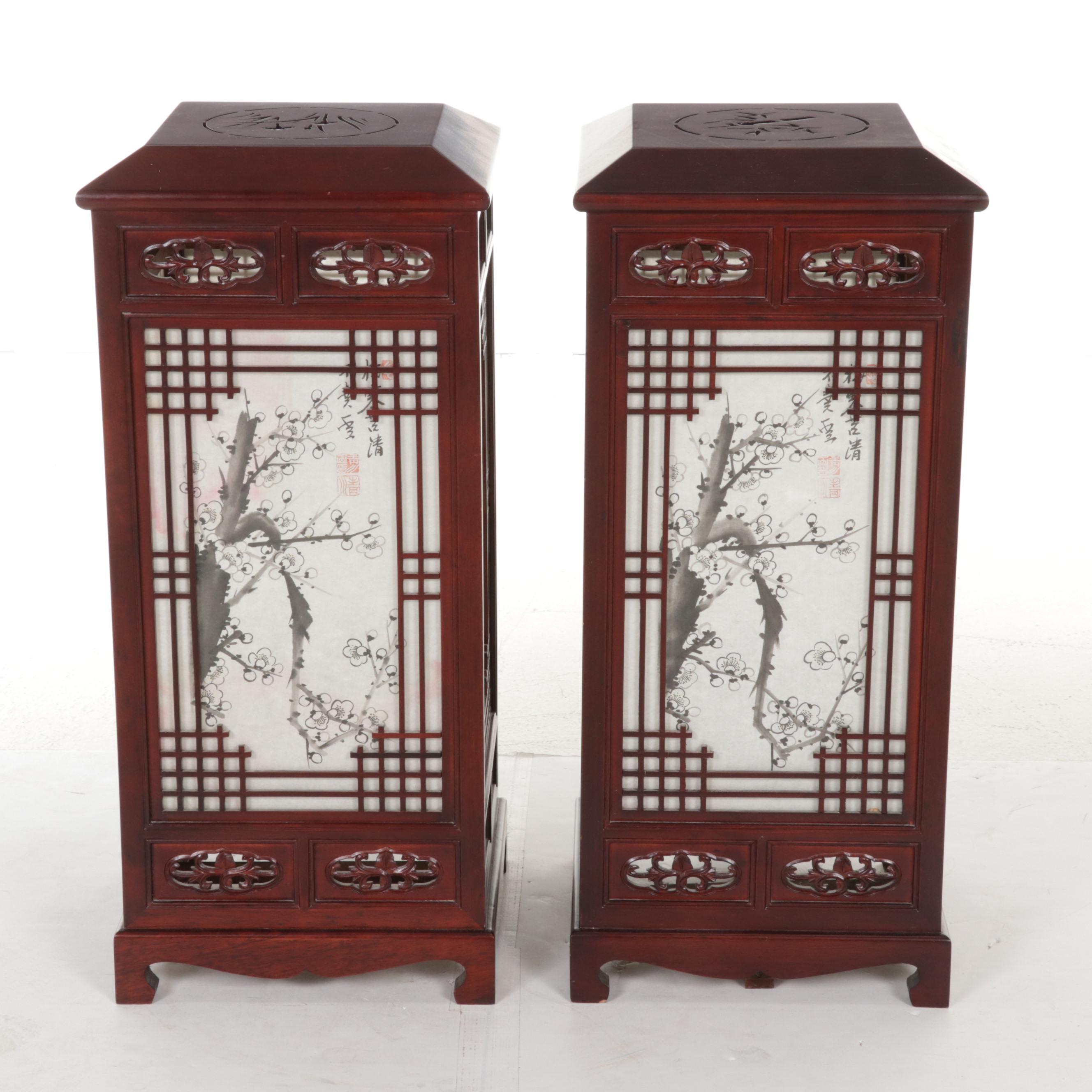 Pair of Chinese Carved Wood Lantern Style Lamps