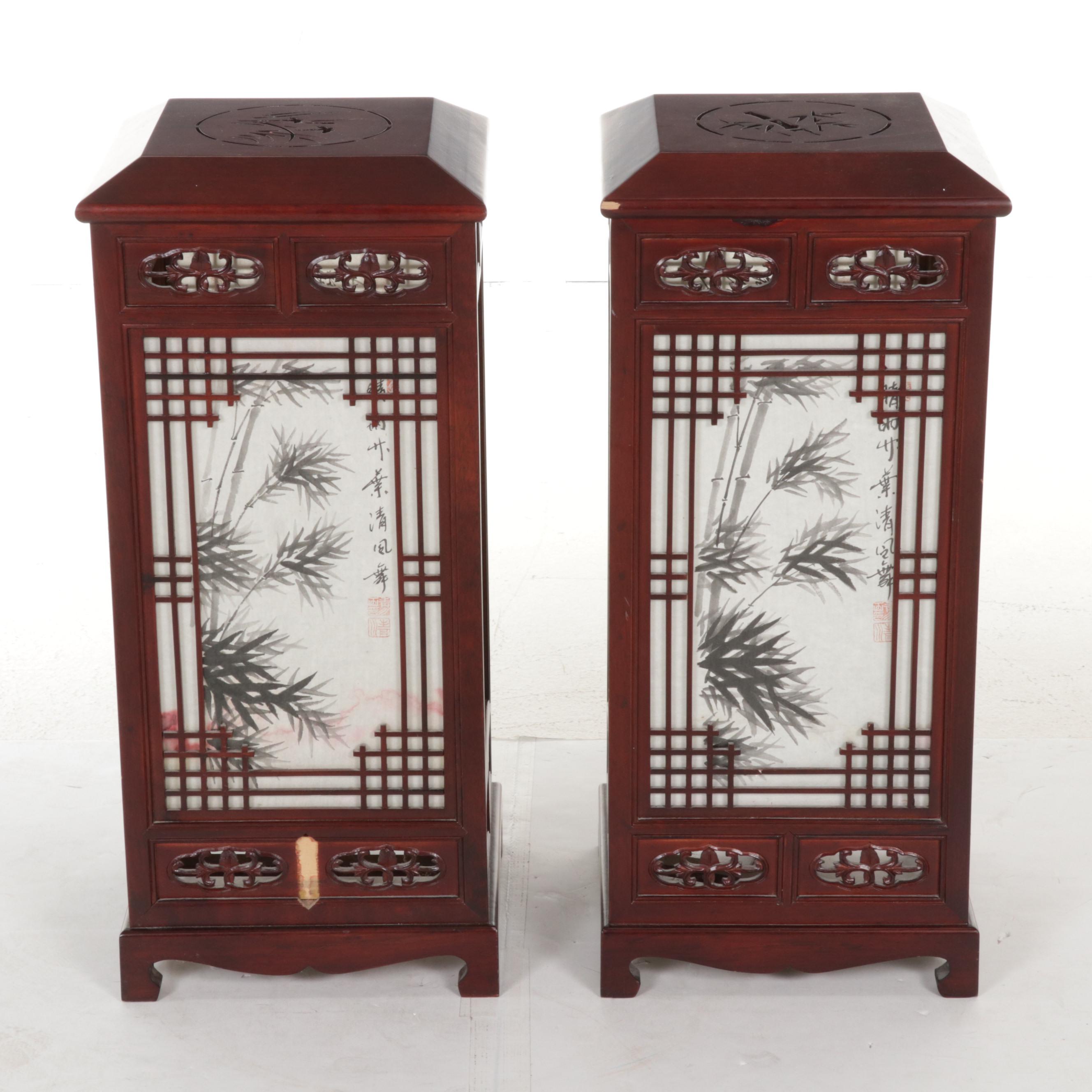 Pair of Chinese Carved Wood Lantern Style Lamps