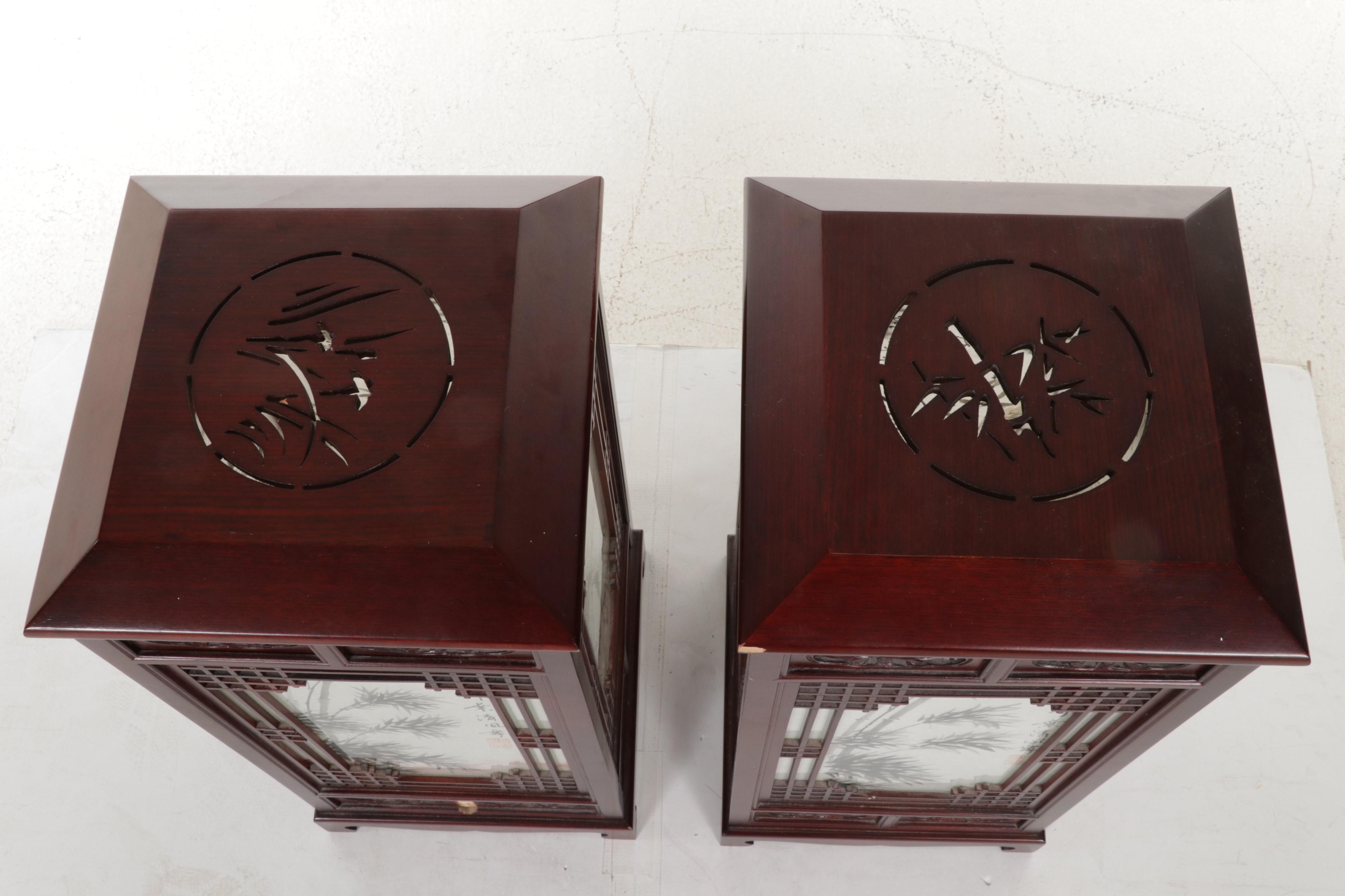 Pair of Chinese Carved Wood Lantern Style Lamps