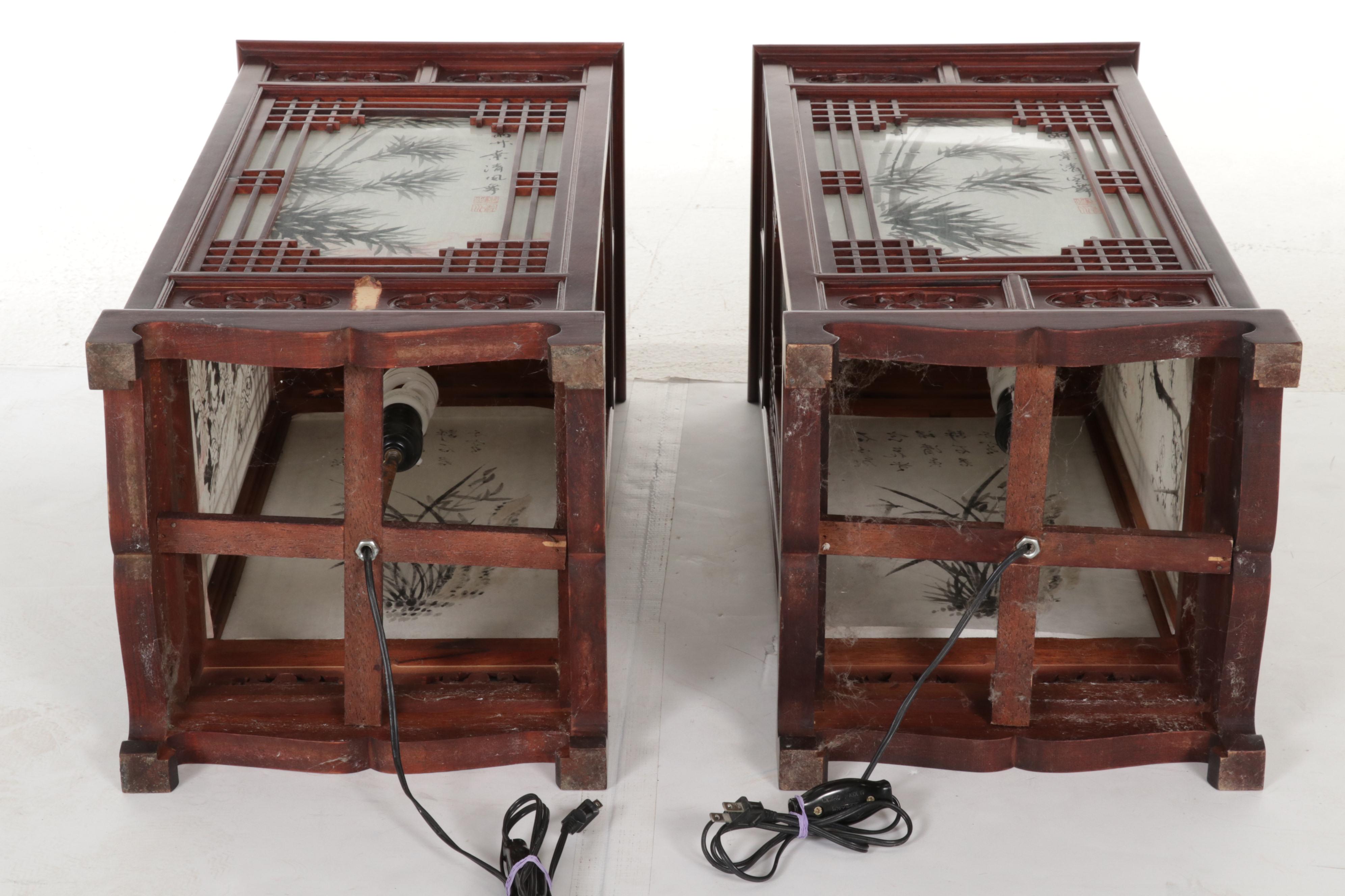 Pair of Chinese Carved Wood Lantern Style Lamps