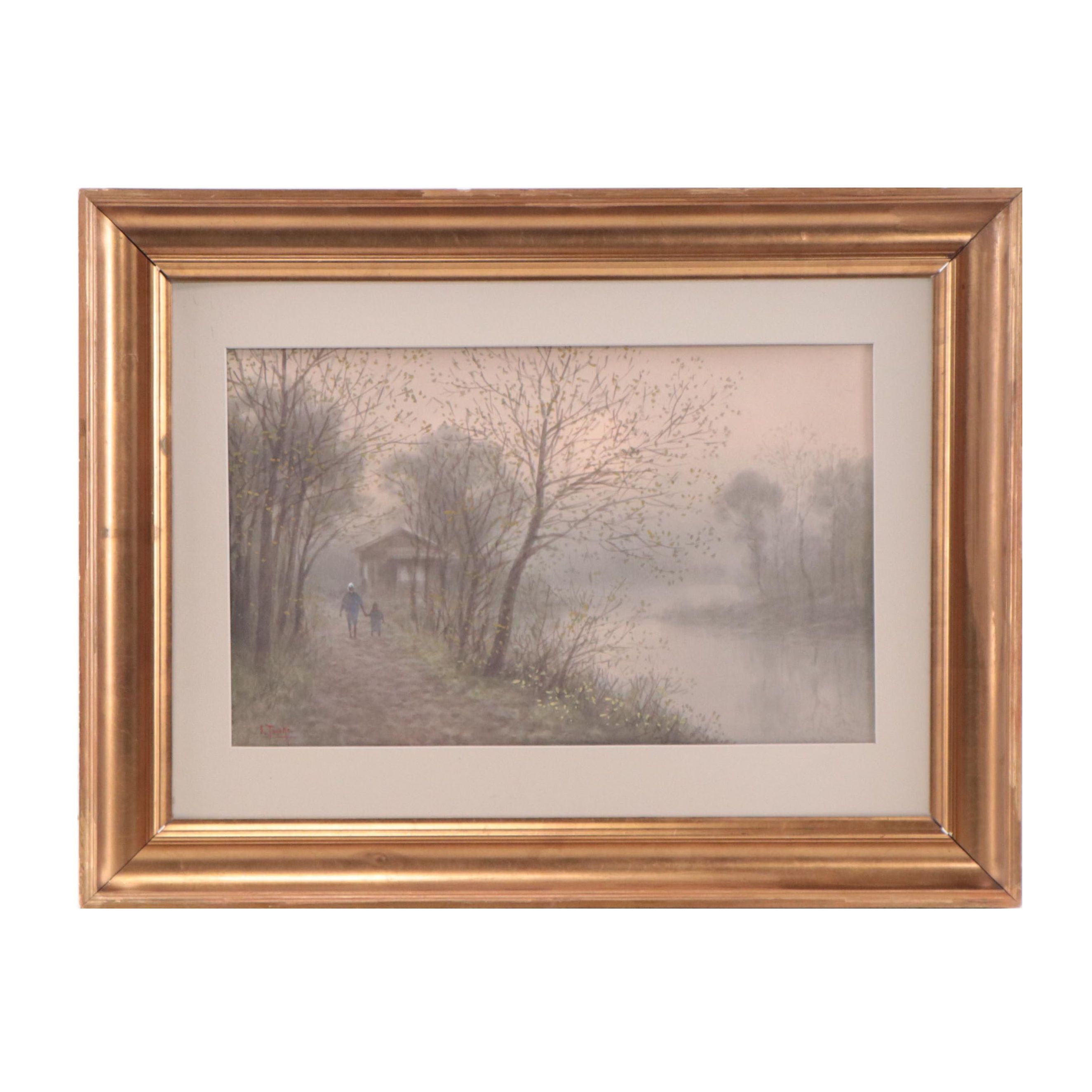 S. Tosuke Watercolor Painting of Figures Walking By River, Early 20th Century