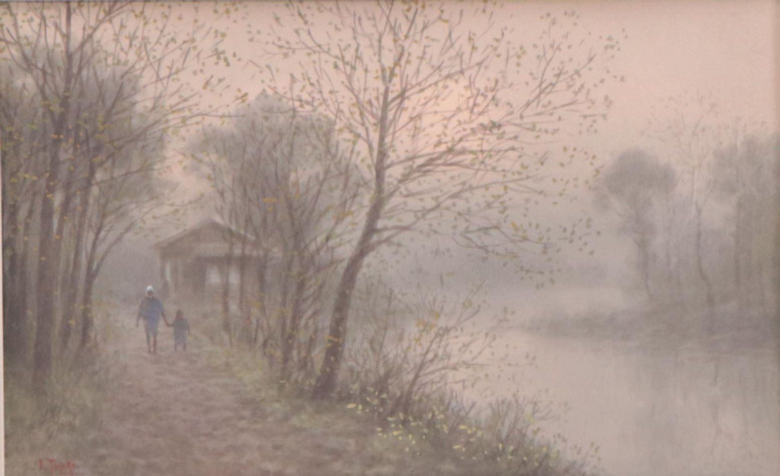 S. Tosuke Watercolor Painting of Figures Walking By River, Early 20th Century