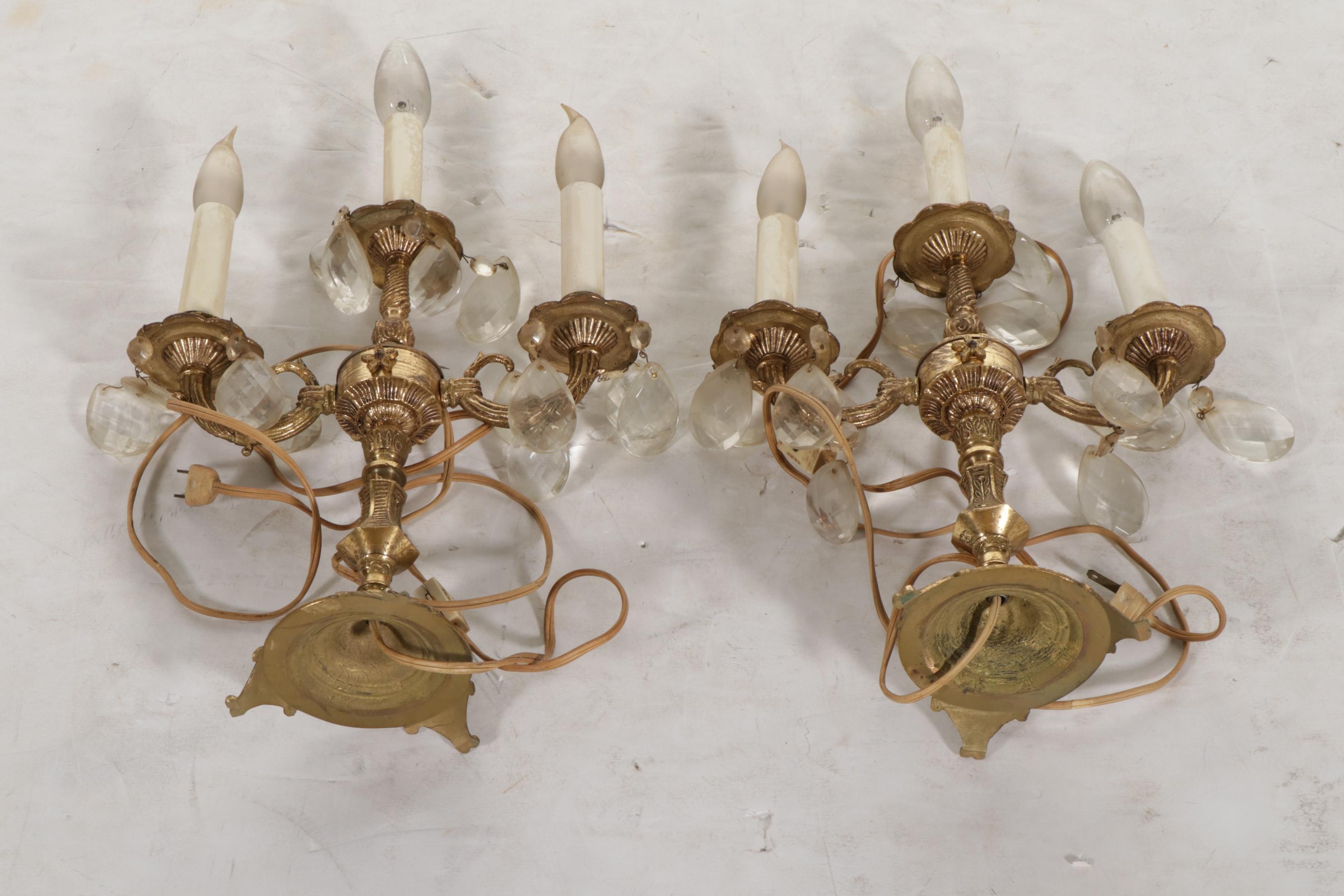 Pair of Spanish Cast Brass and Crystal Prism Electric Candelabra Table Lamps