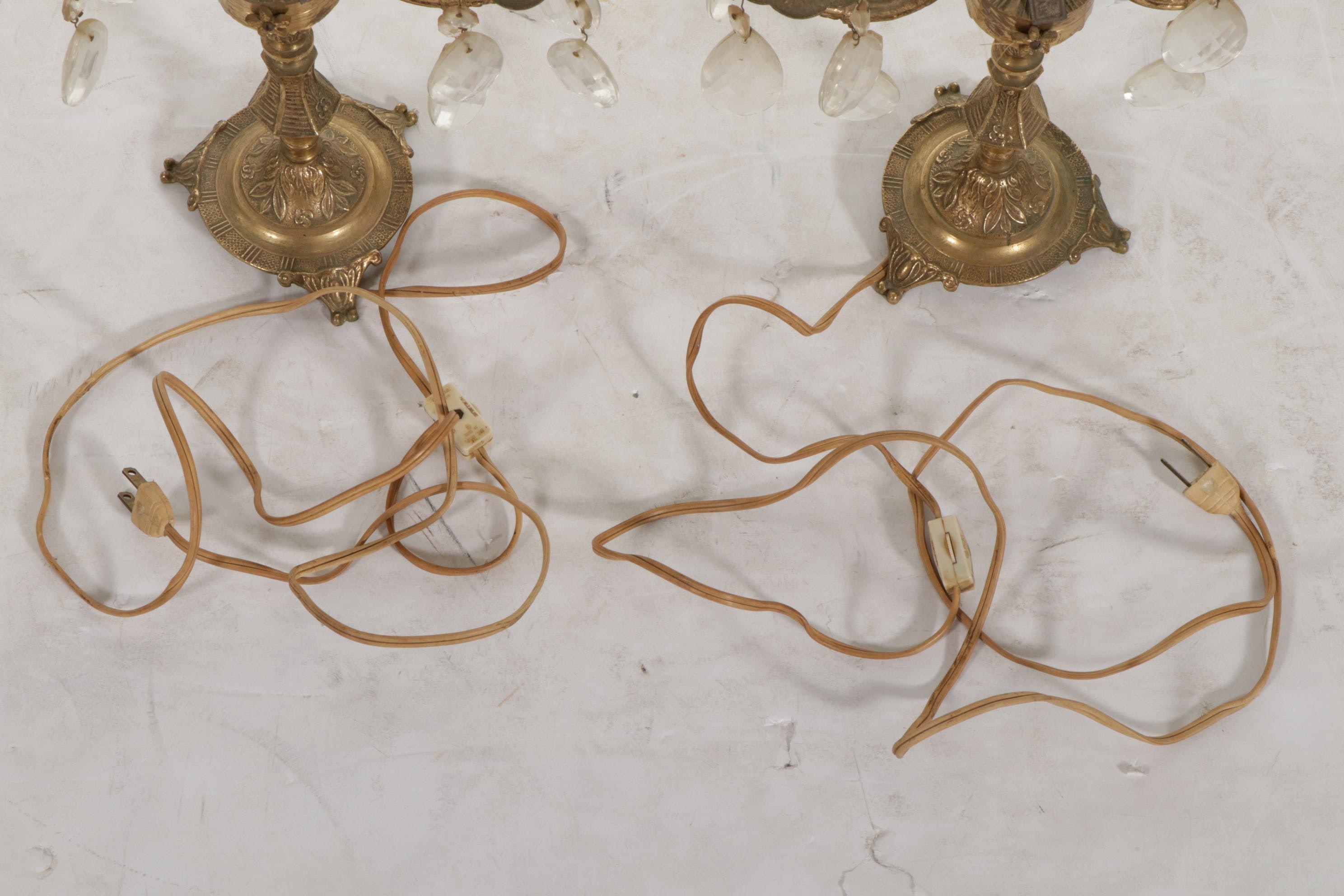 Pair of Spanish Cast Brass and Crystal Prism Electric Candelabra Table Lamps