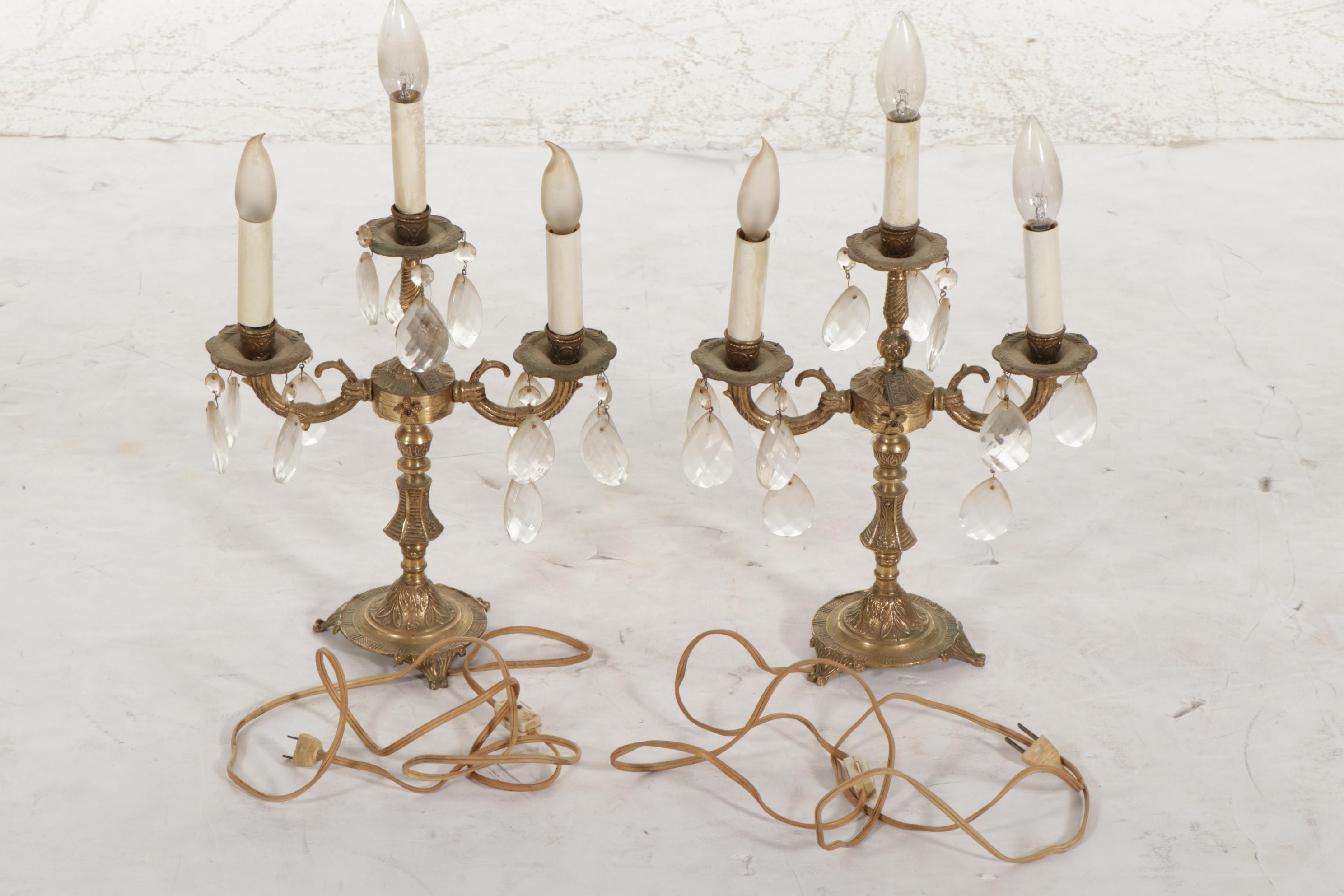 Pair of Spanish Cast Brass and Crystal Prism Electric Candelabra Table Lamps