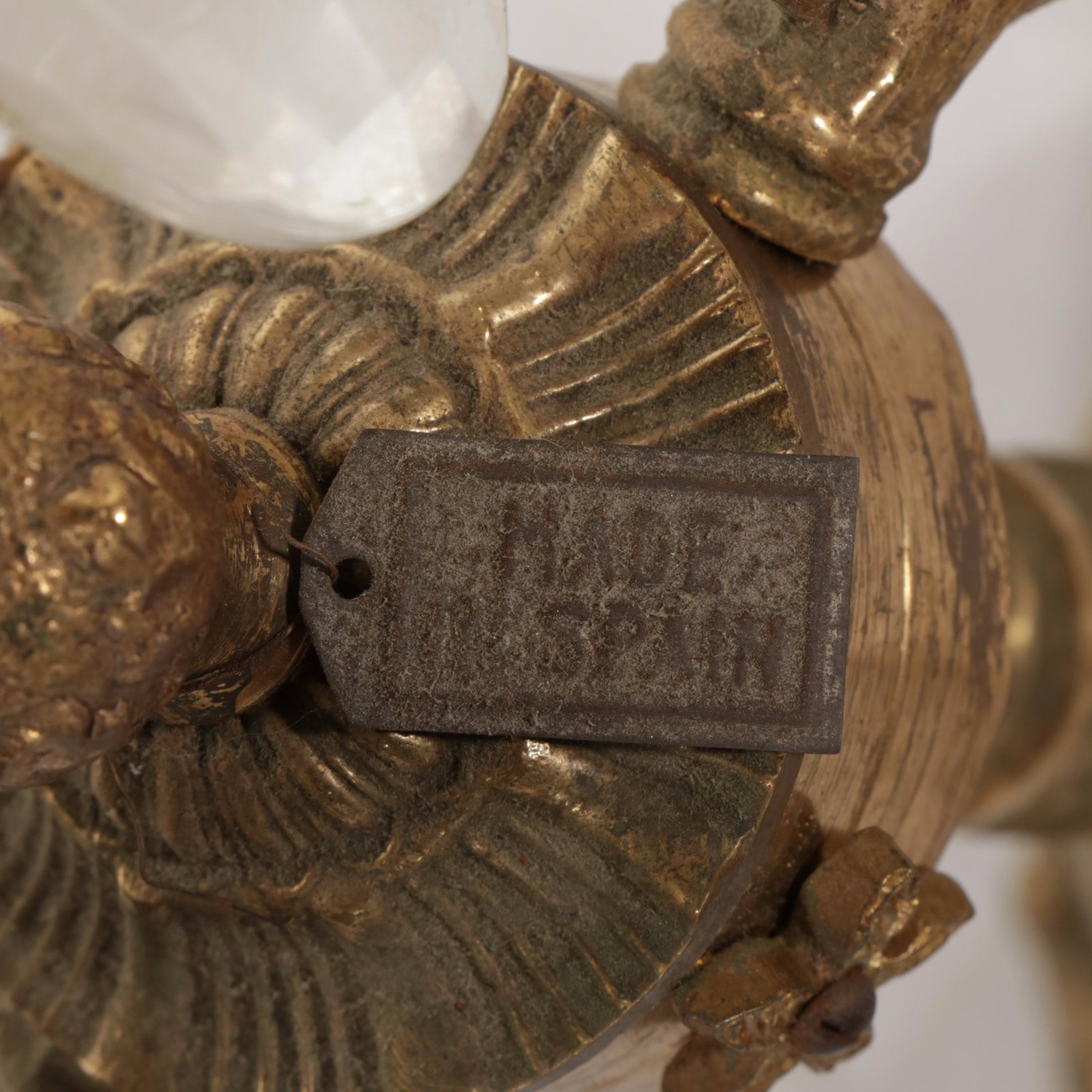 Pair of Spanish Cast Brass and Crystal Prism Electric Candelabra Table Lamps