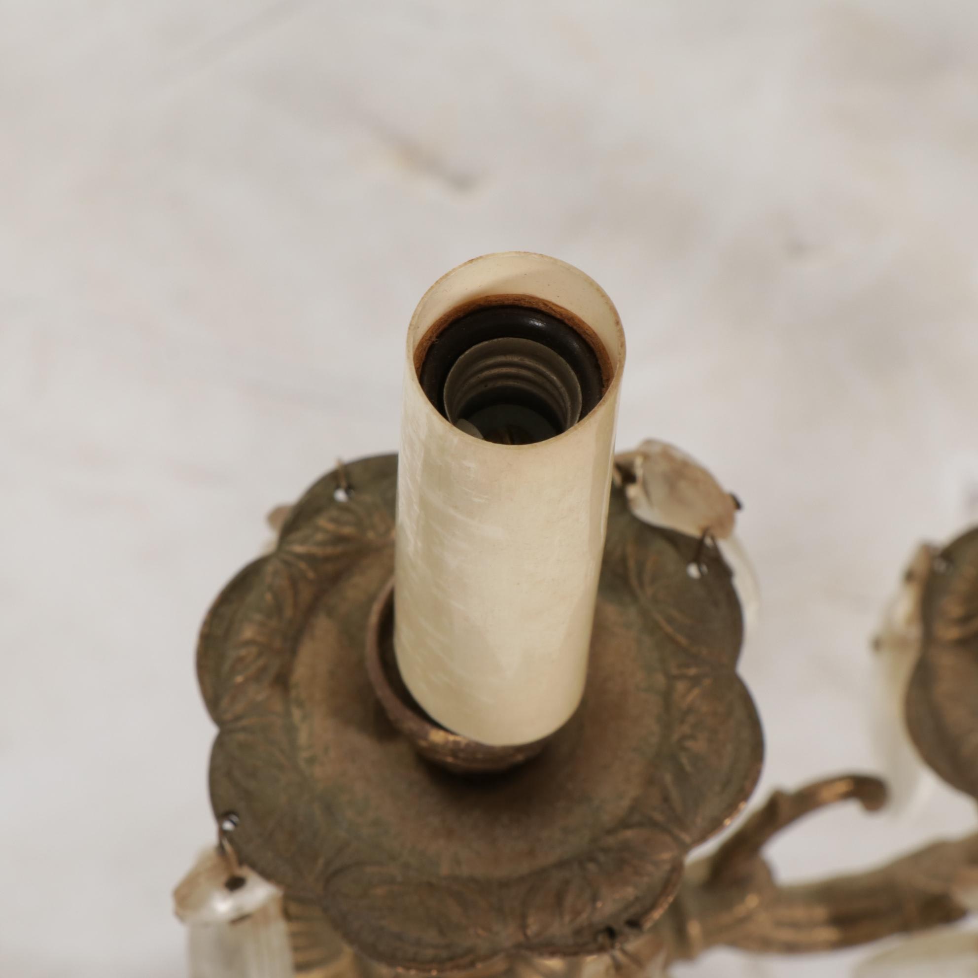 Pair of Spanish Cast Brass and Crystal Prism Electric Candelabra Table Lamps