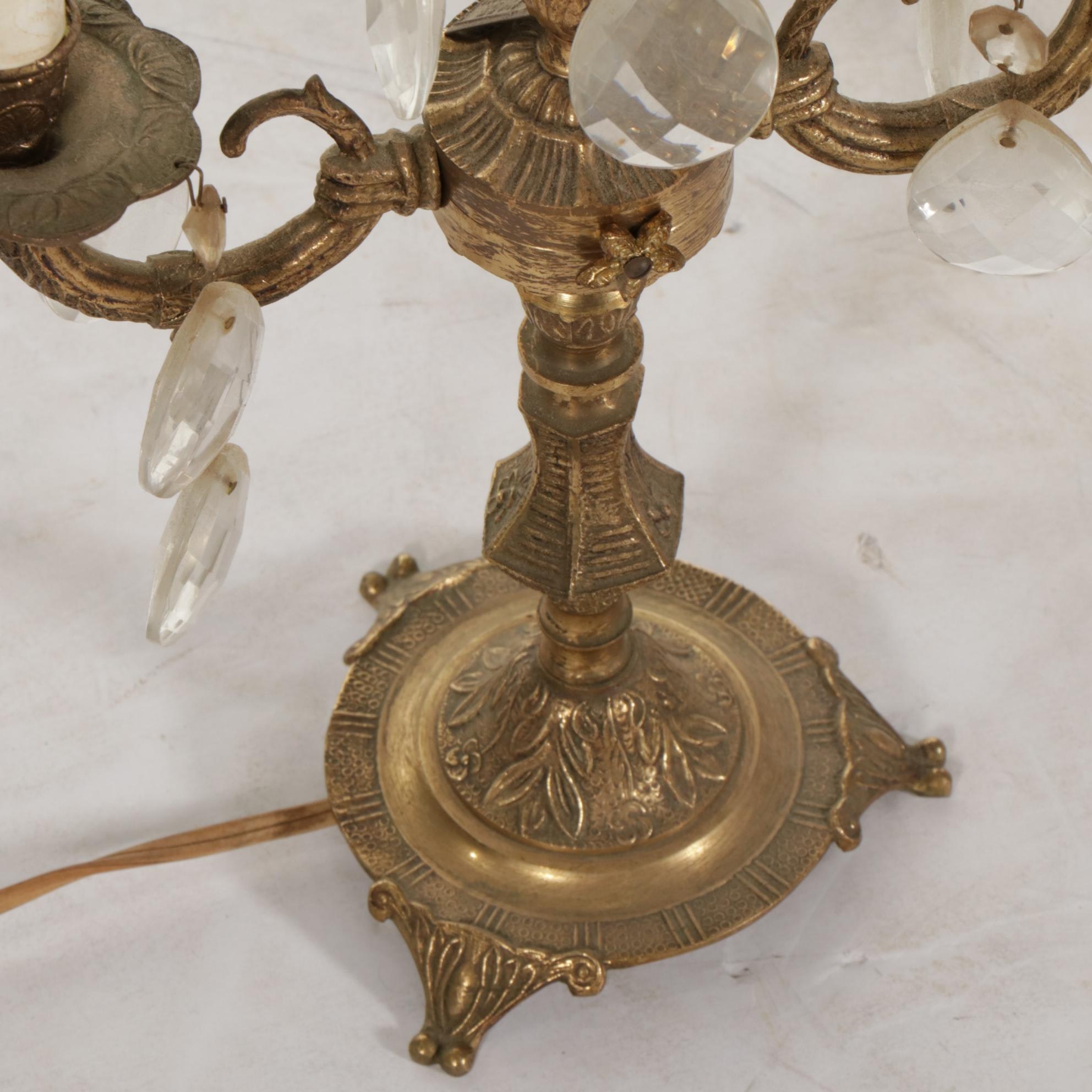 Pair of Spanish Cast Brass and Crystal Prism Electric Candelabra Table Lamps