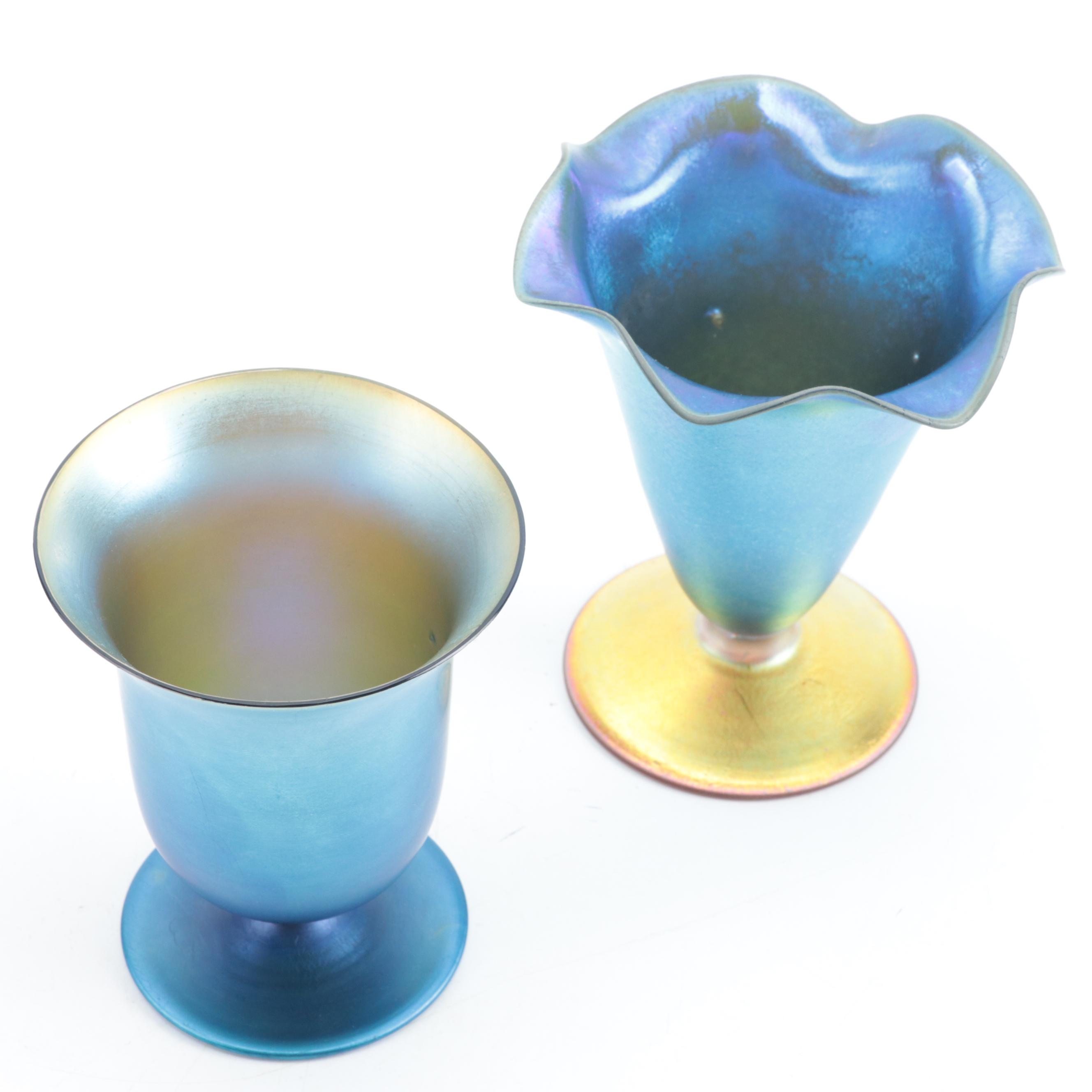 Czechoslovakian Art Nouveau Style Blue and Gold Iridescent Glass Footed Vases