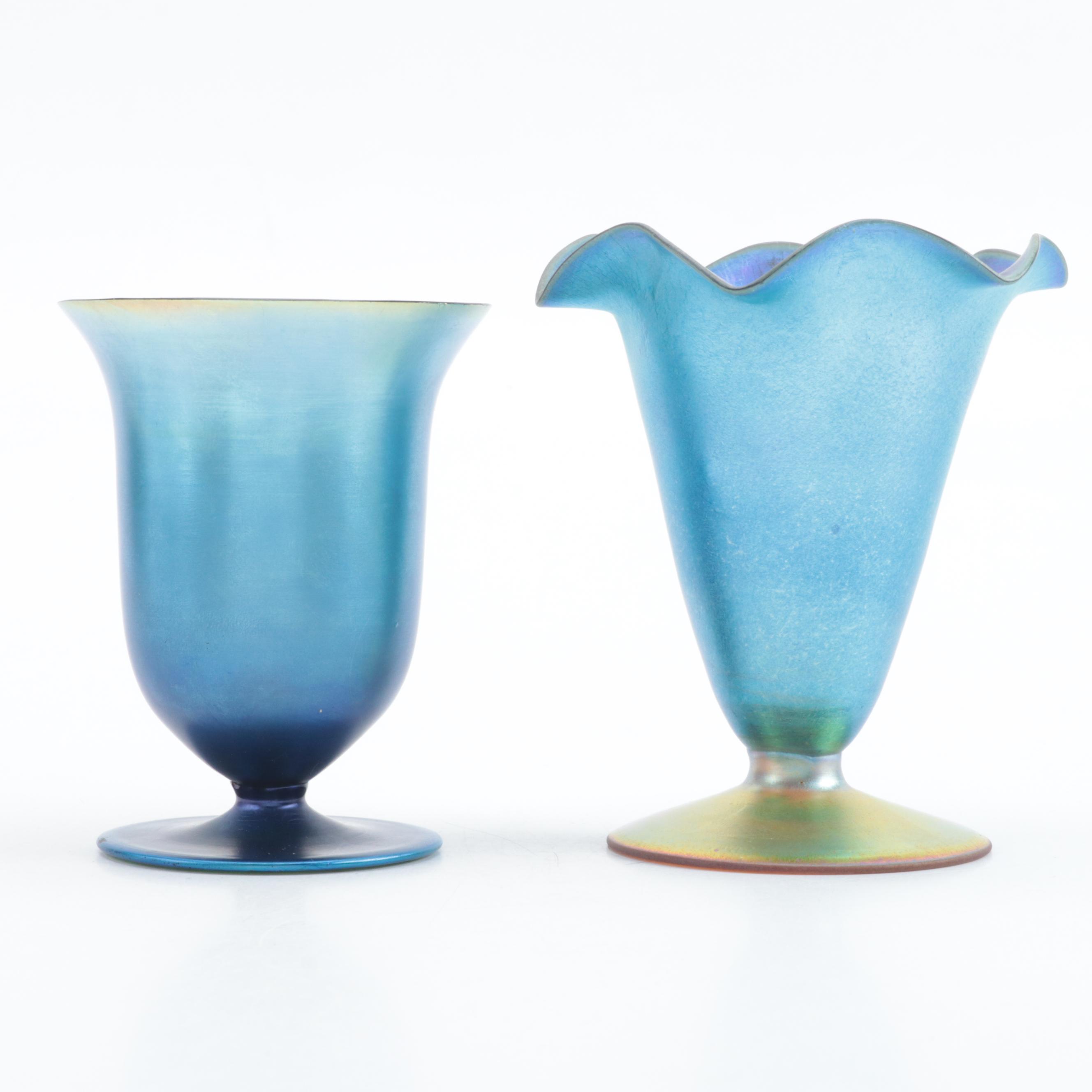 Czechoslovakian Art Nouveau Style Blue and Gold Iridescent Glass Footed Vases