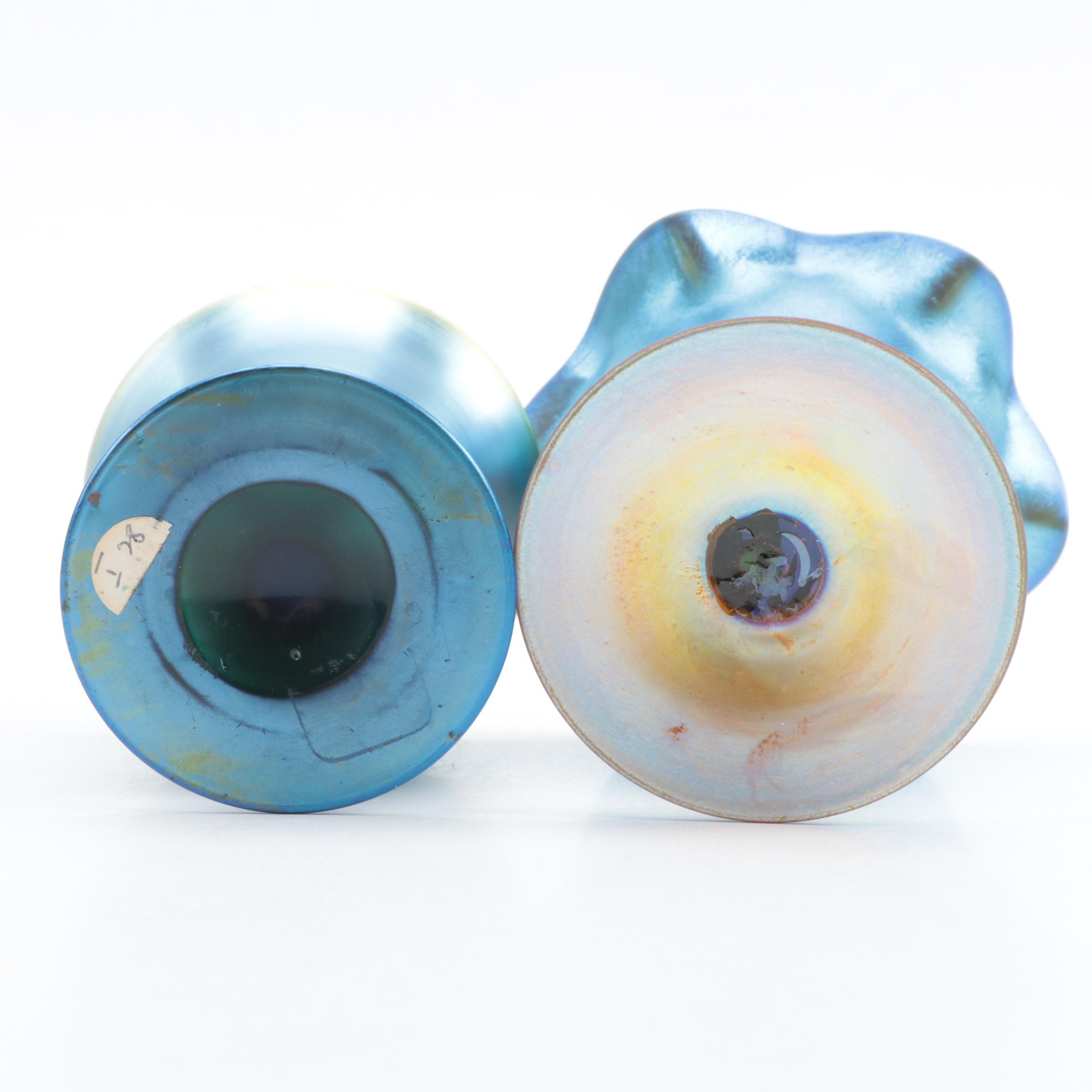 Czechoslovakian Art Nouveau Style Blue and Gold Iridescent Glass Footed Vases