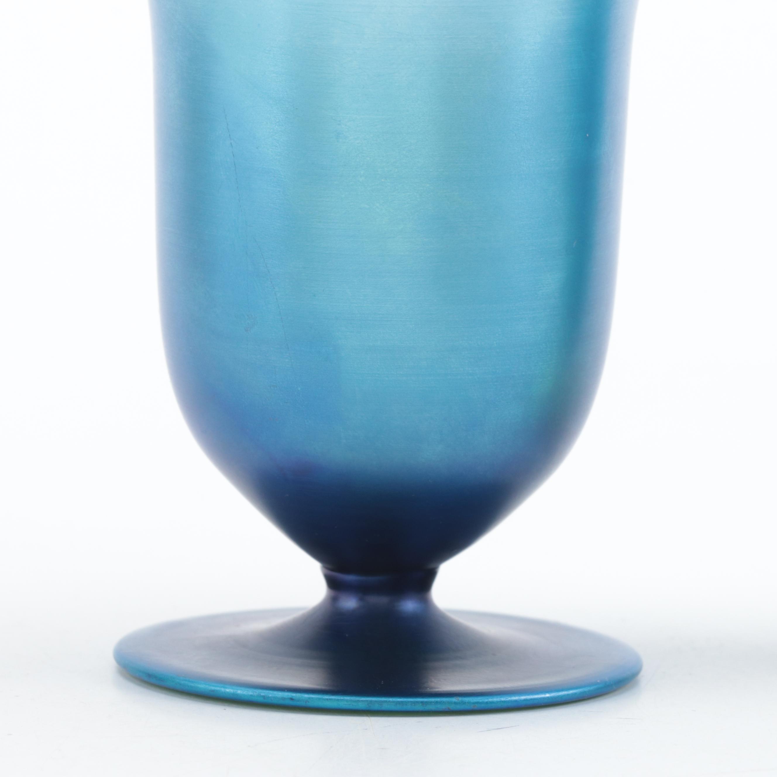 Czechoslovakian Art Nouveau Style Blue and Gold Iridescent Glass Footed Vases