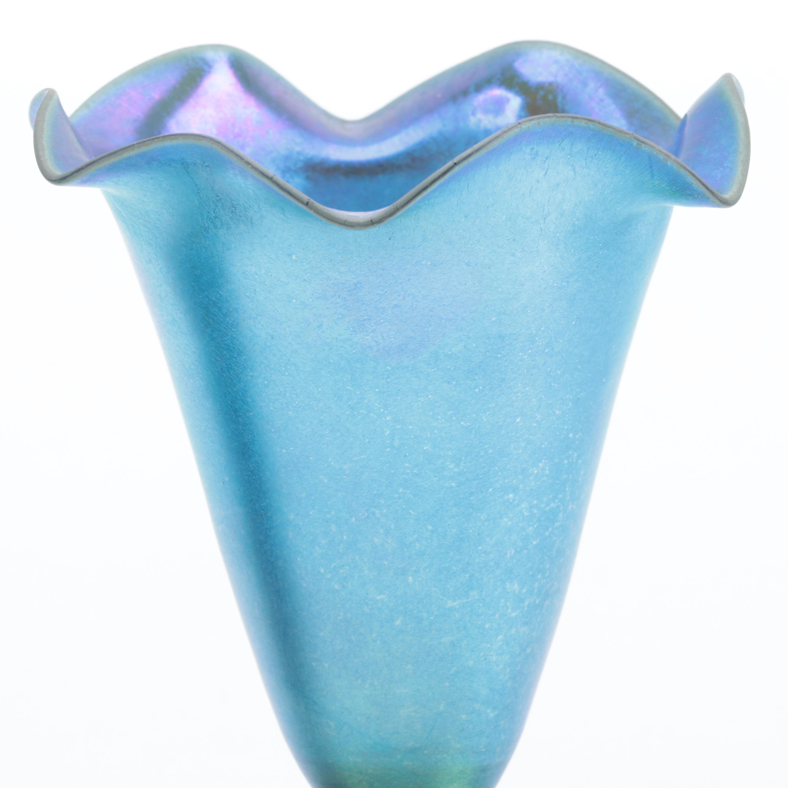 Czechoslovakian Art Nouveau Style Blue and Gold Iridescent Glass Footed Vases