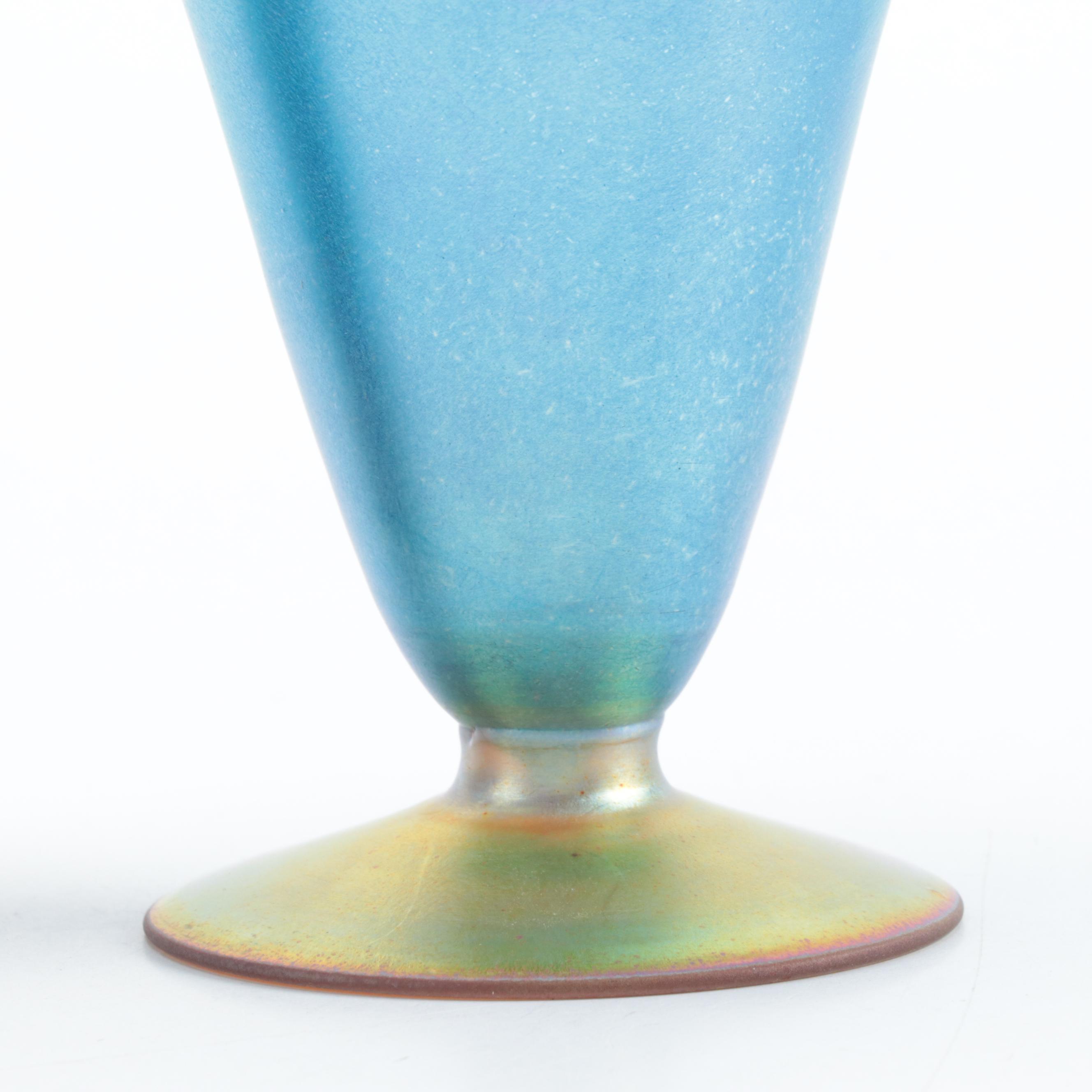 Czechoslovakian Art Nouveau Style Blue and Gold Iridescent Glass Footed Vases