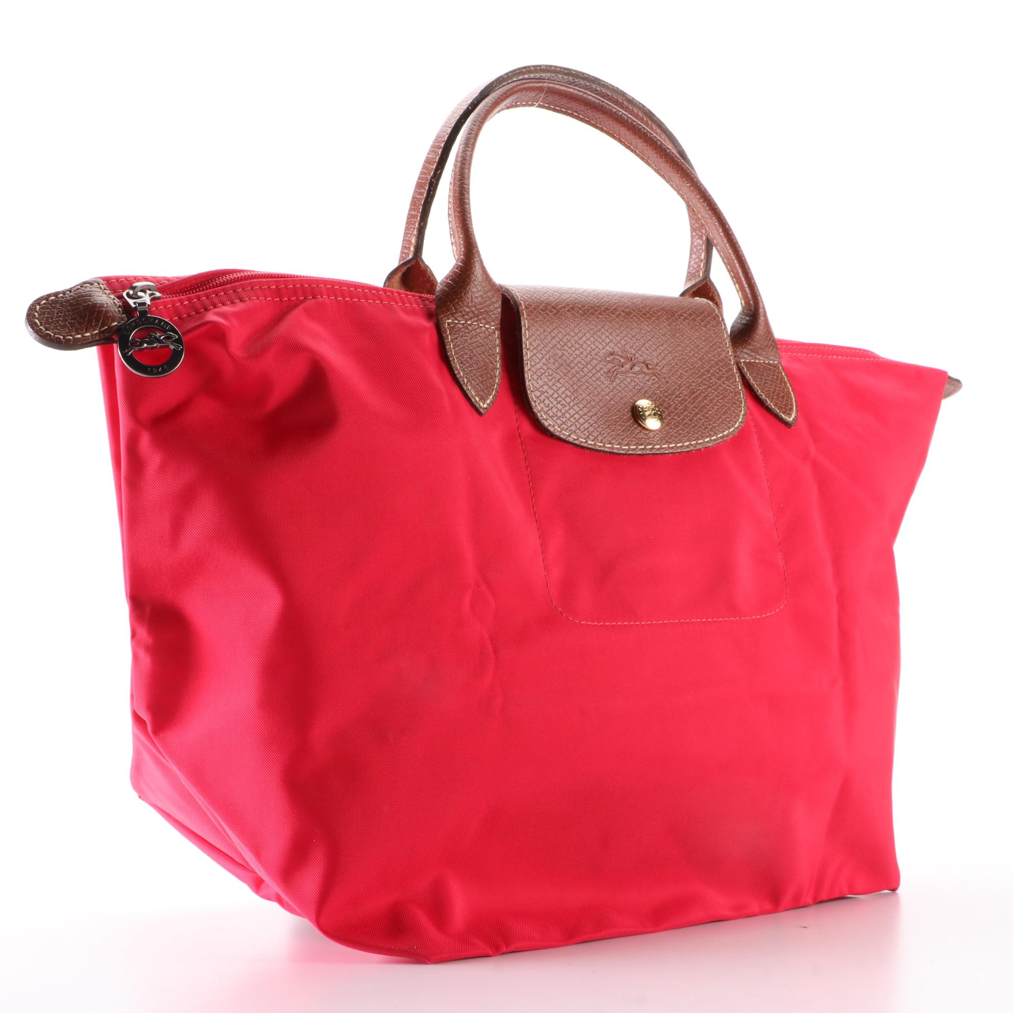 Longchamp Le Pliage Medium Short Handle Tote in Garance Red Nylon and Leather