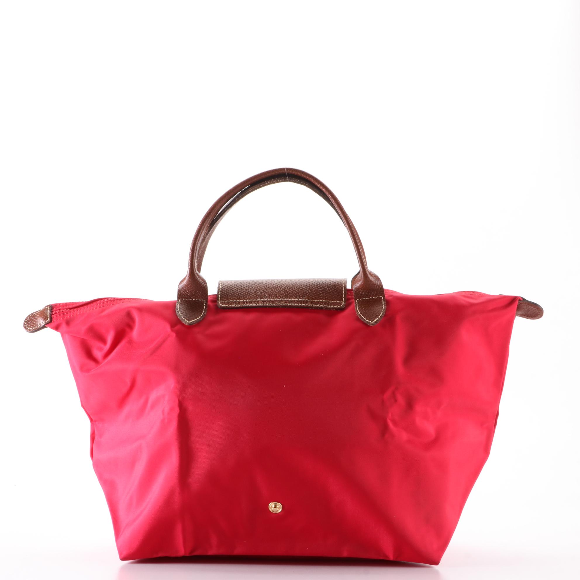 Longchamp Le Pliage Medium Short Handle Tote in Garance Red Nylon and Leather