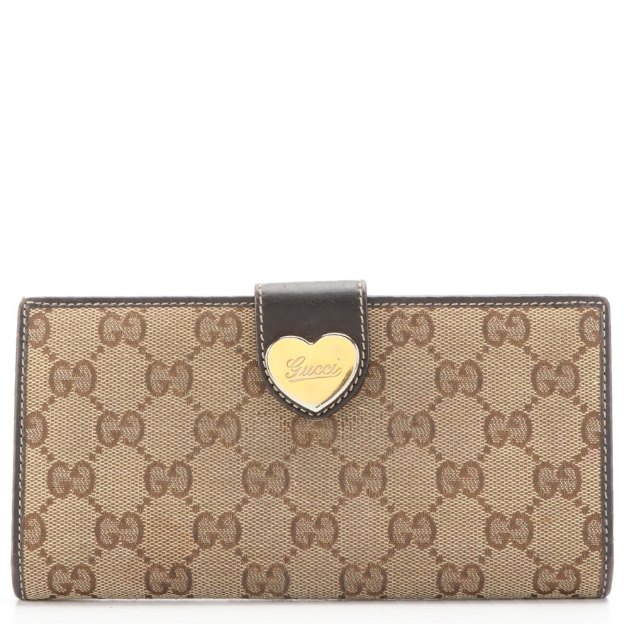 Gucci Heart Charm Continental Wallet in GG Canvas and Dark Brown Leather w/Box