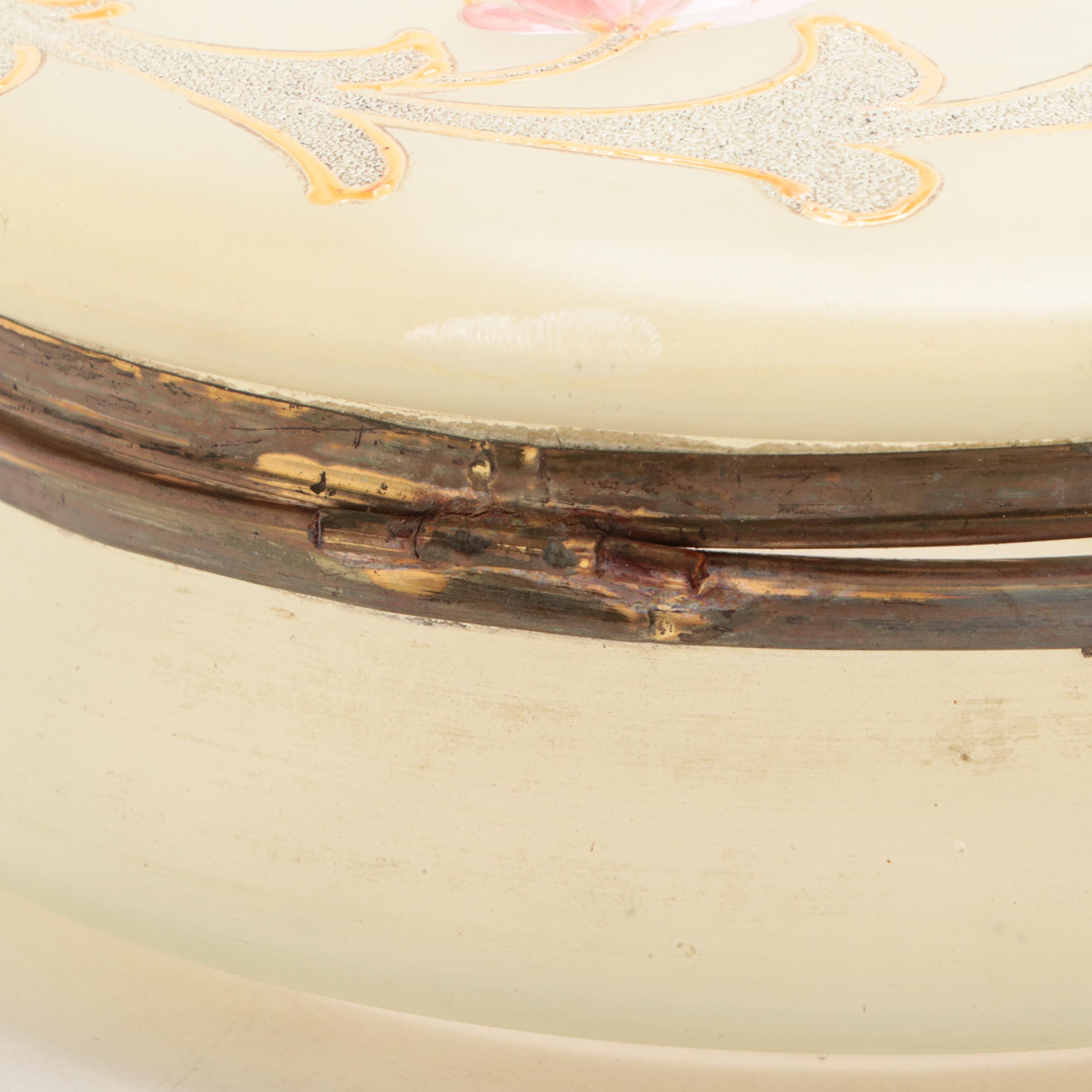 Hand Painted Metal Mounted Ceramic and Glass Vanity Jars