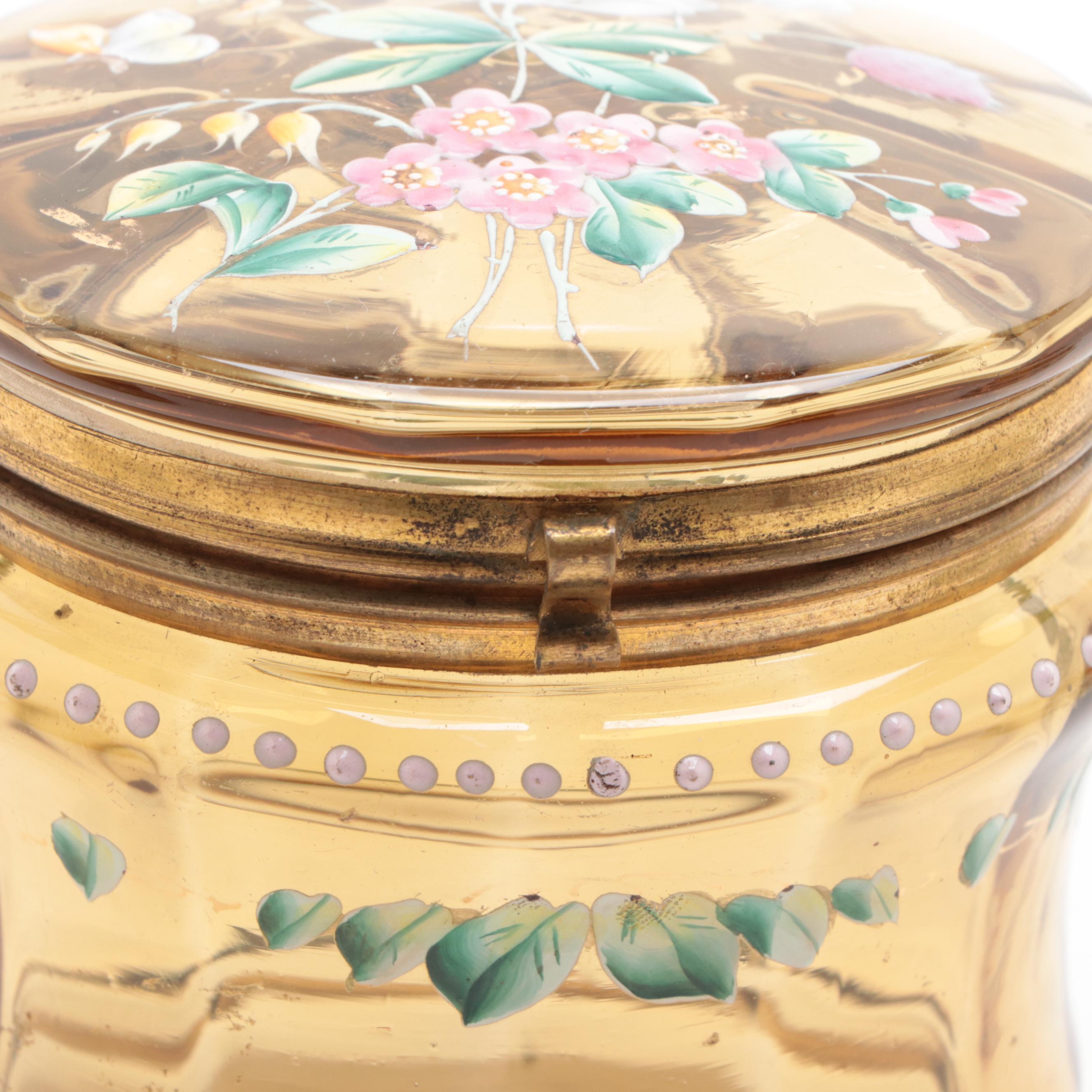 Hand Painted Metal Mounted Ceramic and Glass Vanity Jars