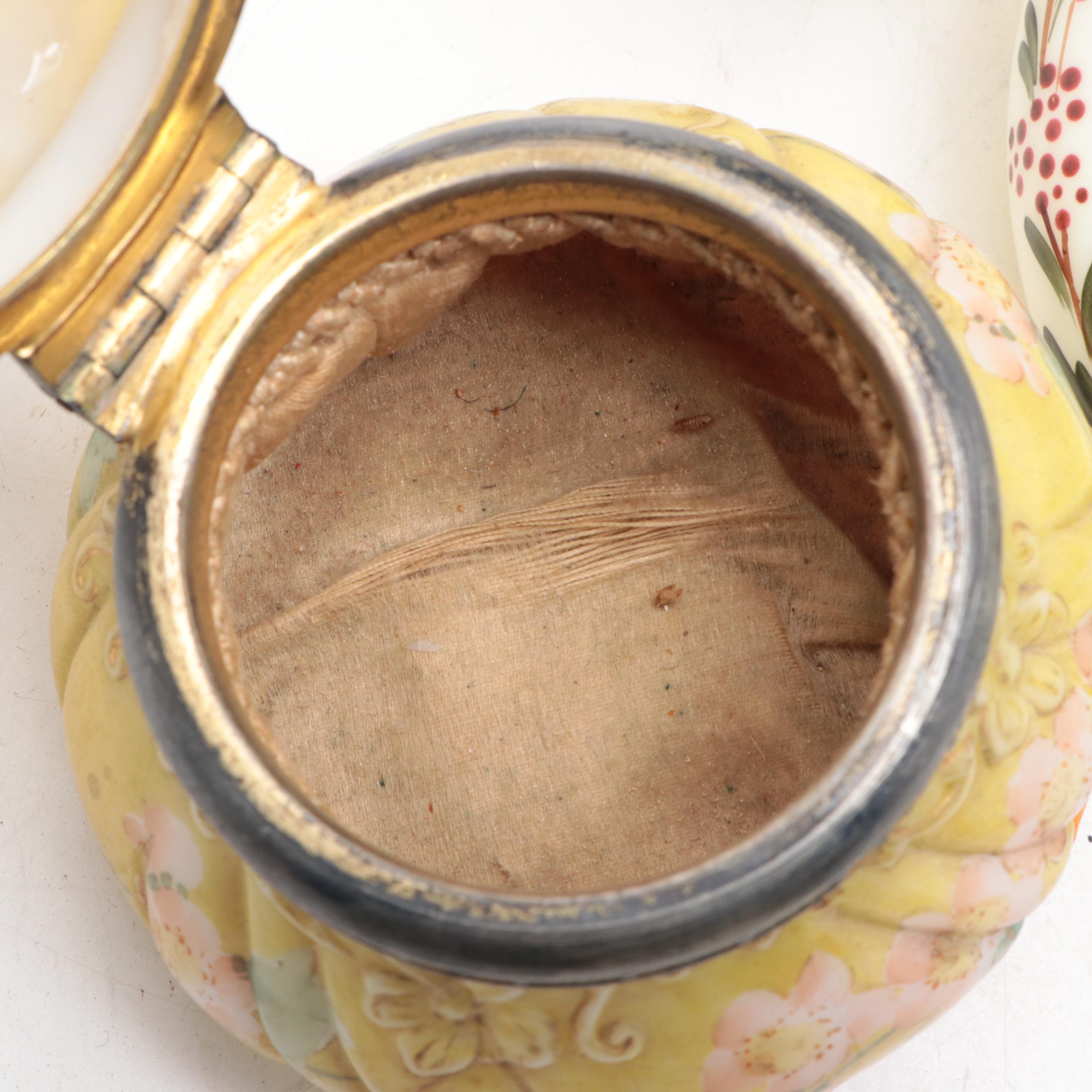 Hand Painted Metal Mounted Ceramic and Glass Vanity Jars