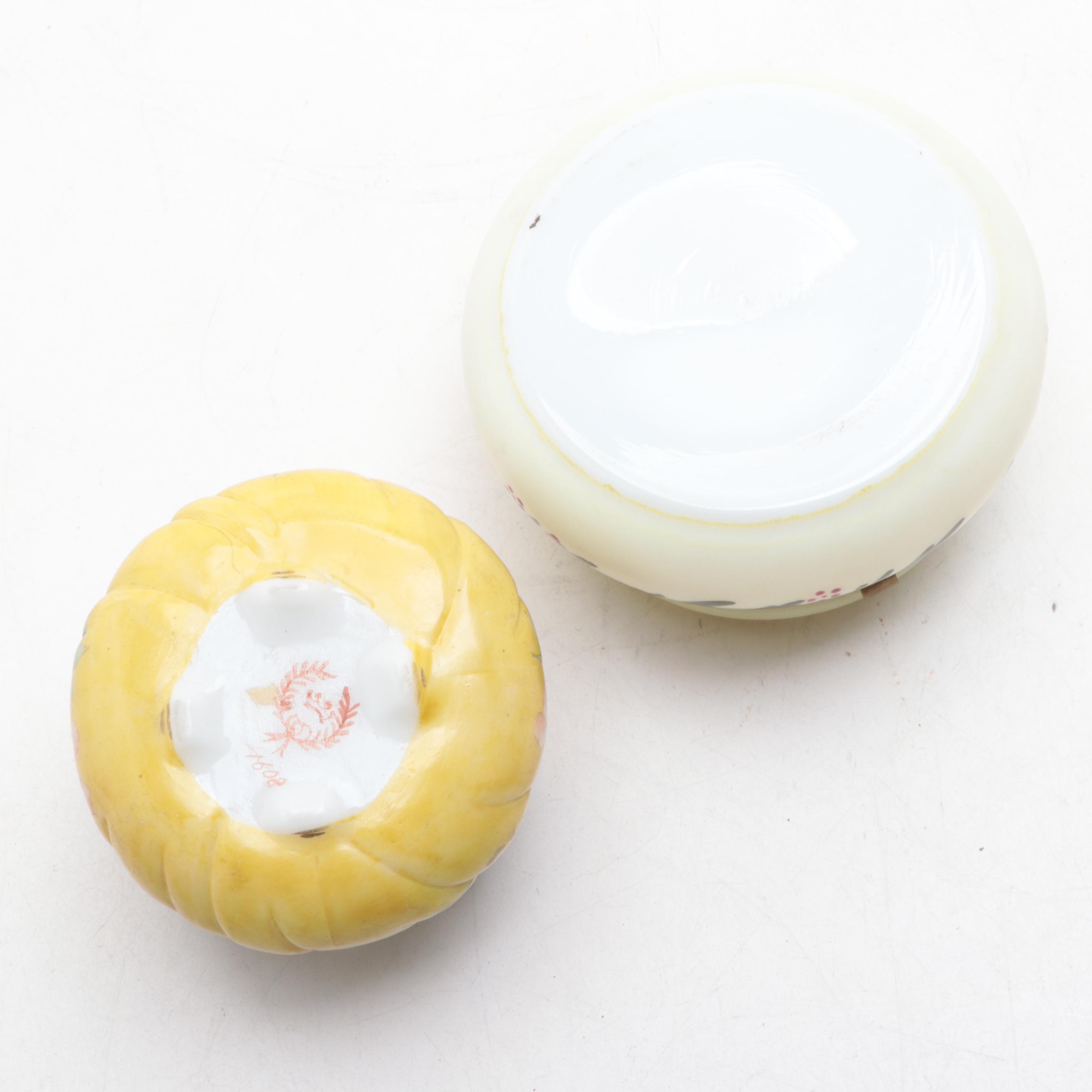 Hand Painted Metal Mounted Ceramic and Glass Vanity Jars