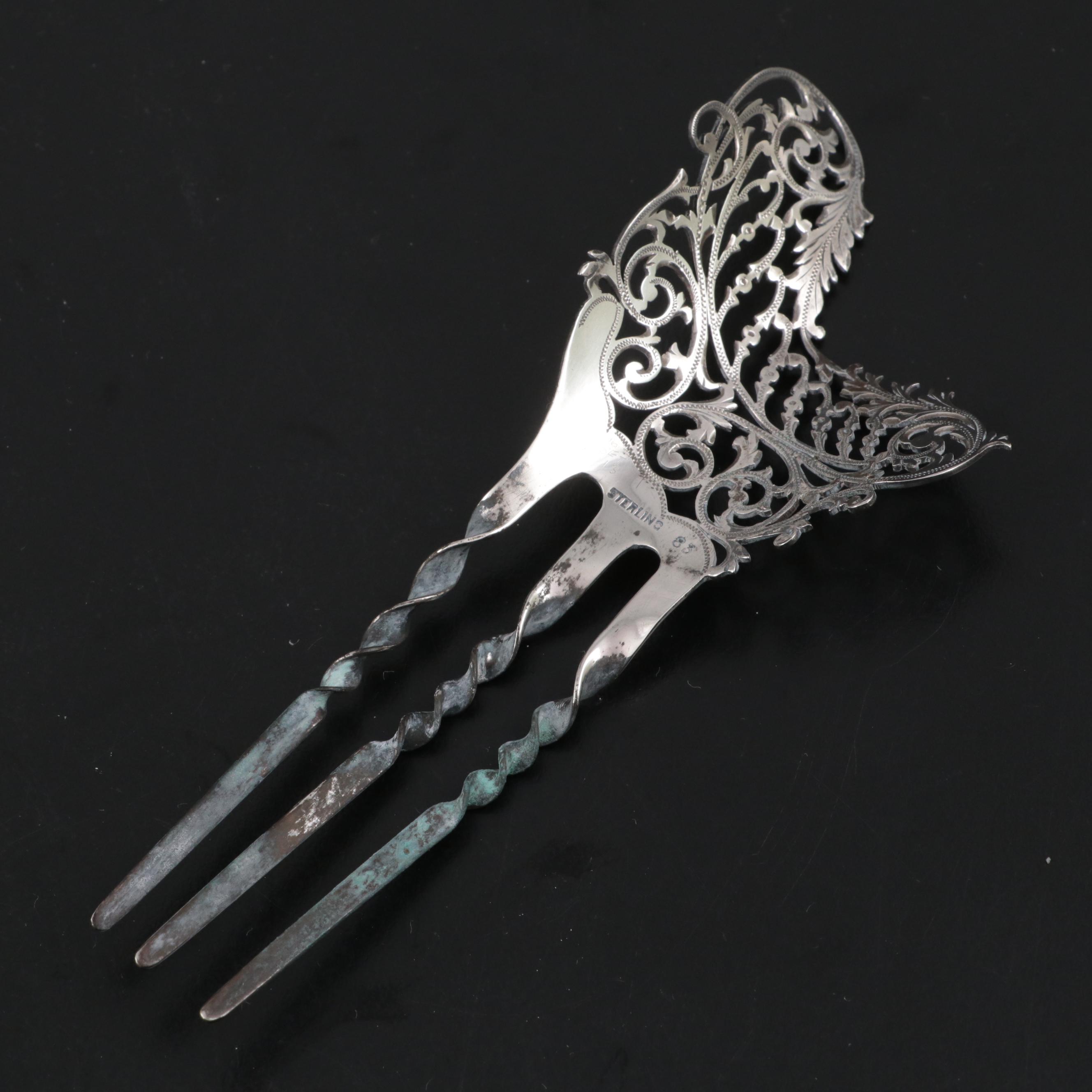 Victorian Style Sterling Silver Comb, Antique