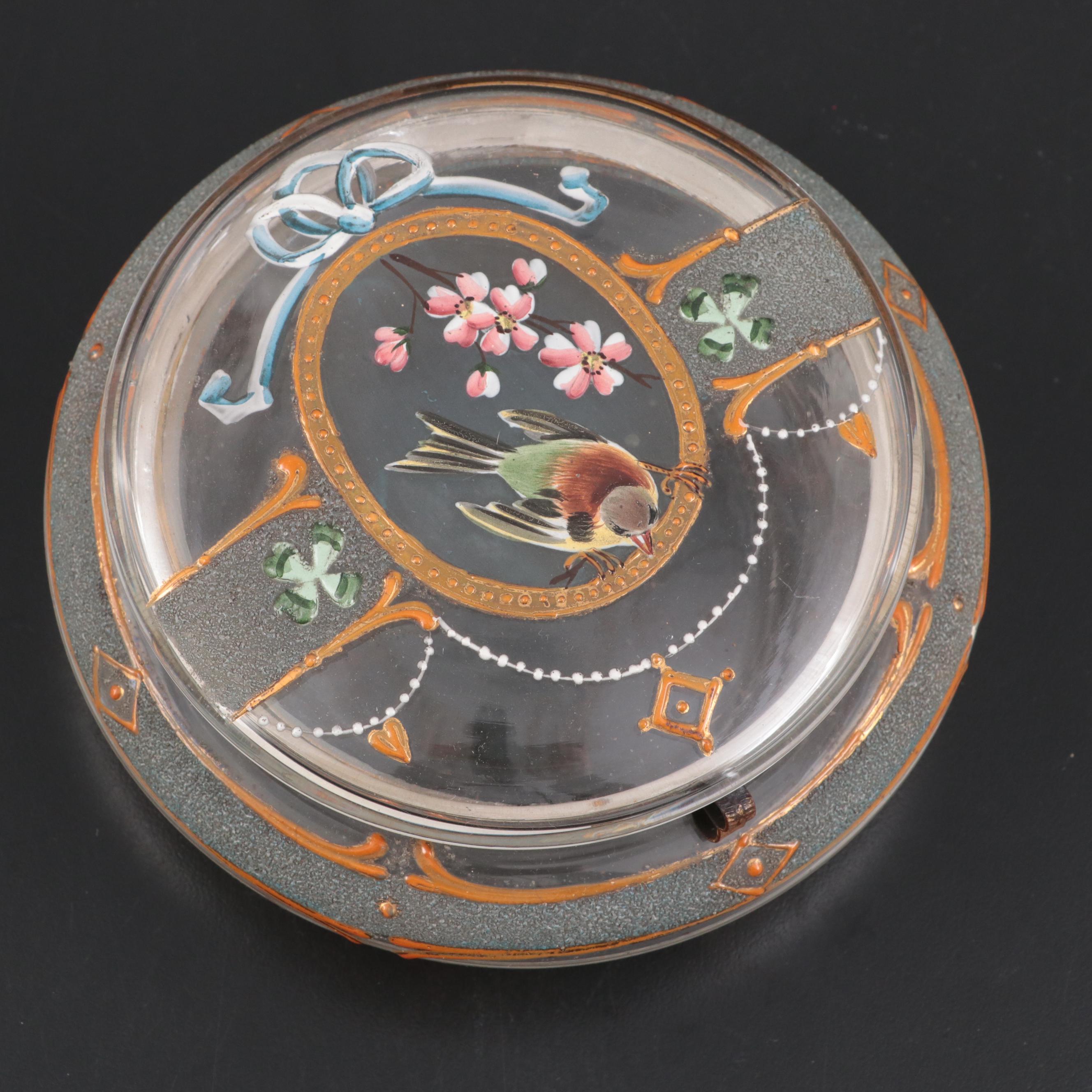 European Hand-Painted Enamel Glass Dresser Jar, Late 19th Century