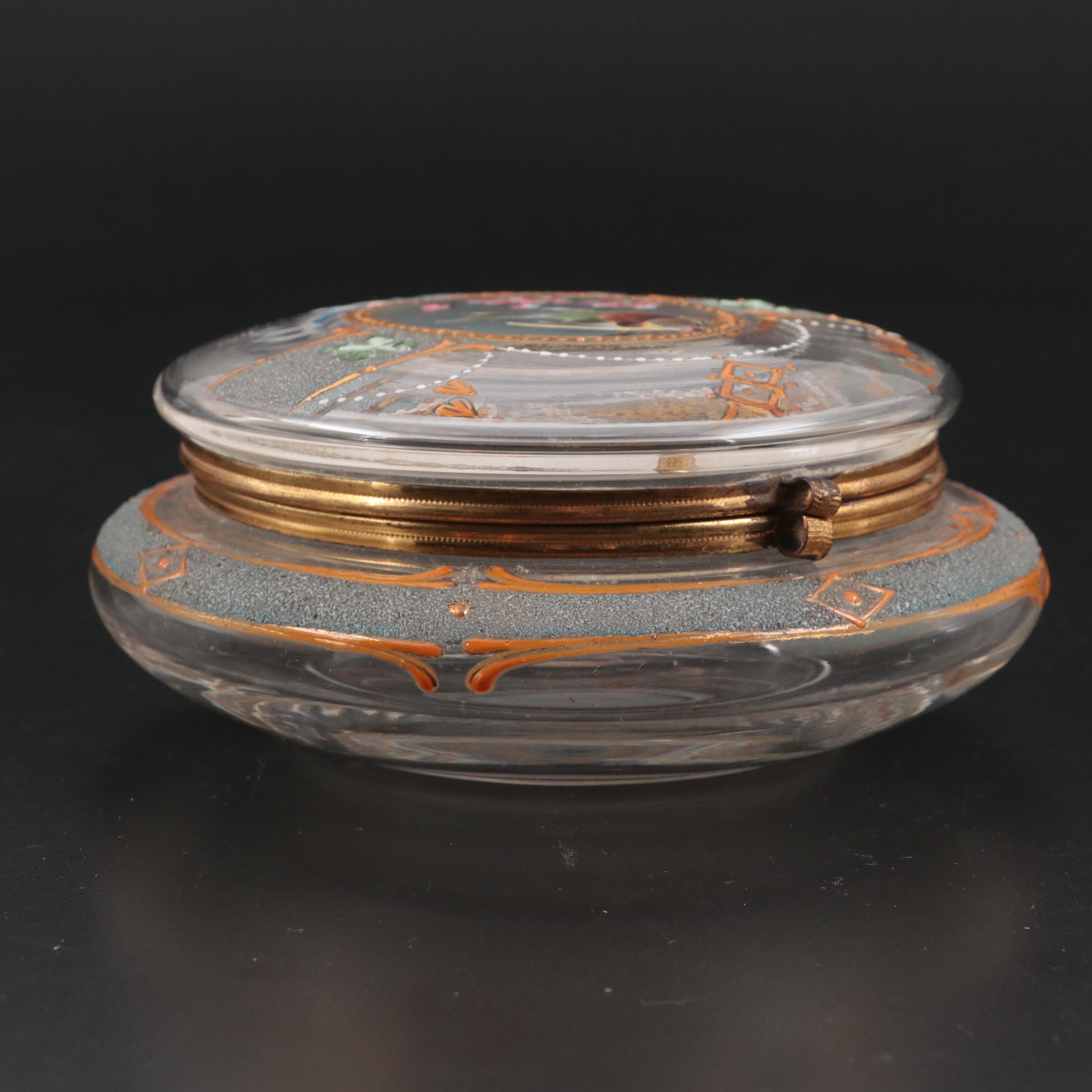 European Hand-Painted Enamel Glass Dresser Jar, Late 19th Century