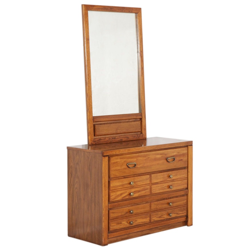 Oak-Grained Chest of Drawers with Mirror, Late 20th Century