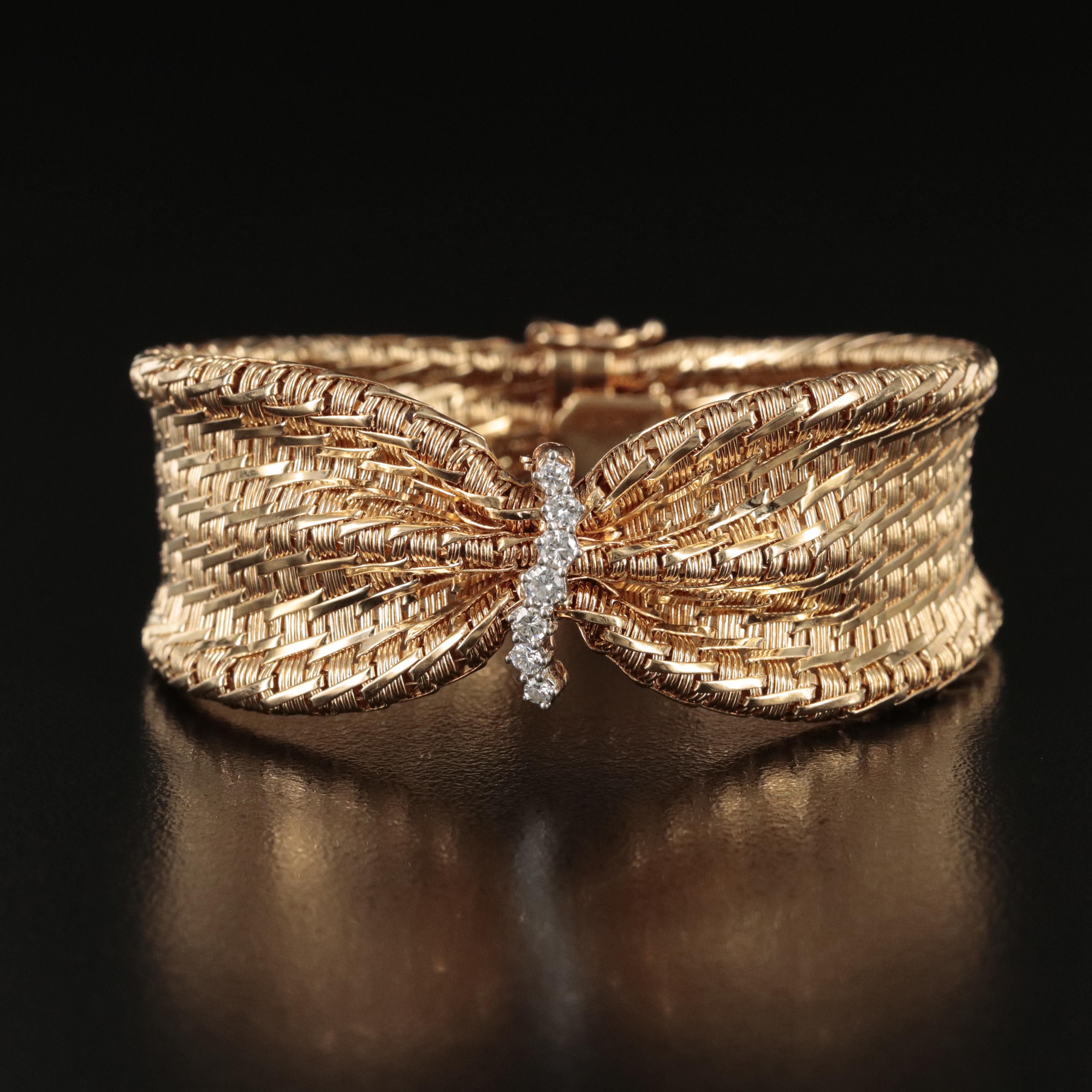 Vintage 14K 0.30 CTW Diamond Basket Weave Bracelet with Cinched Center