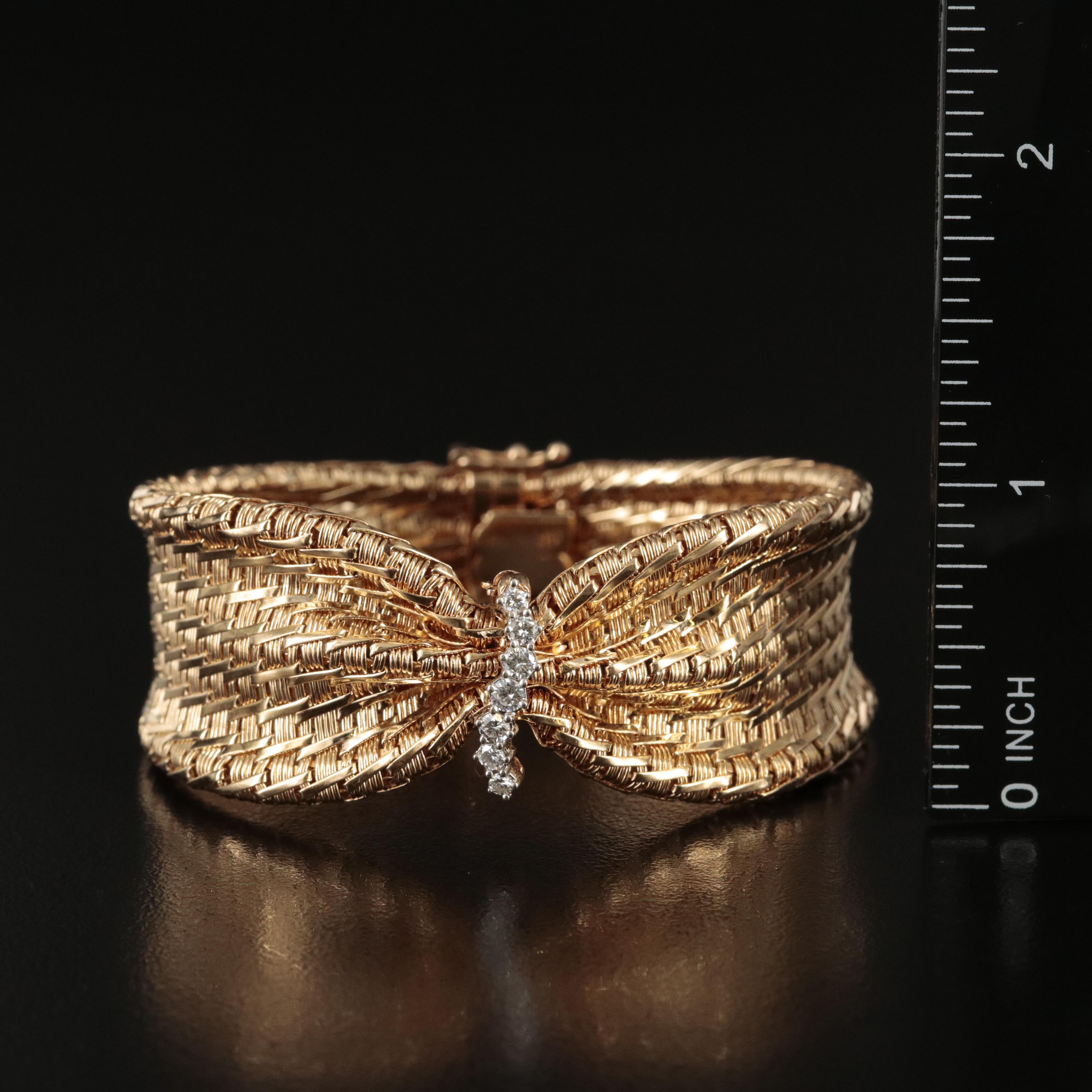 Vintage 14K 0.30 CTW Diamond Basket Weave Bracelet with Cinched Center