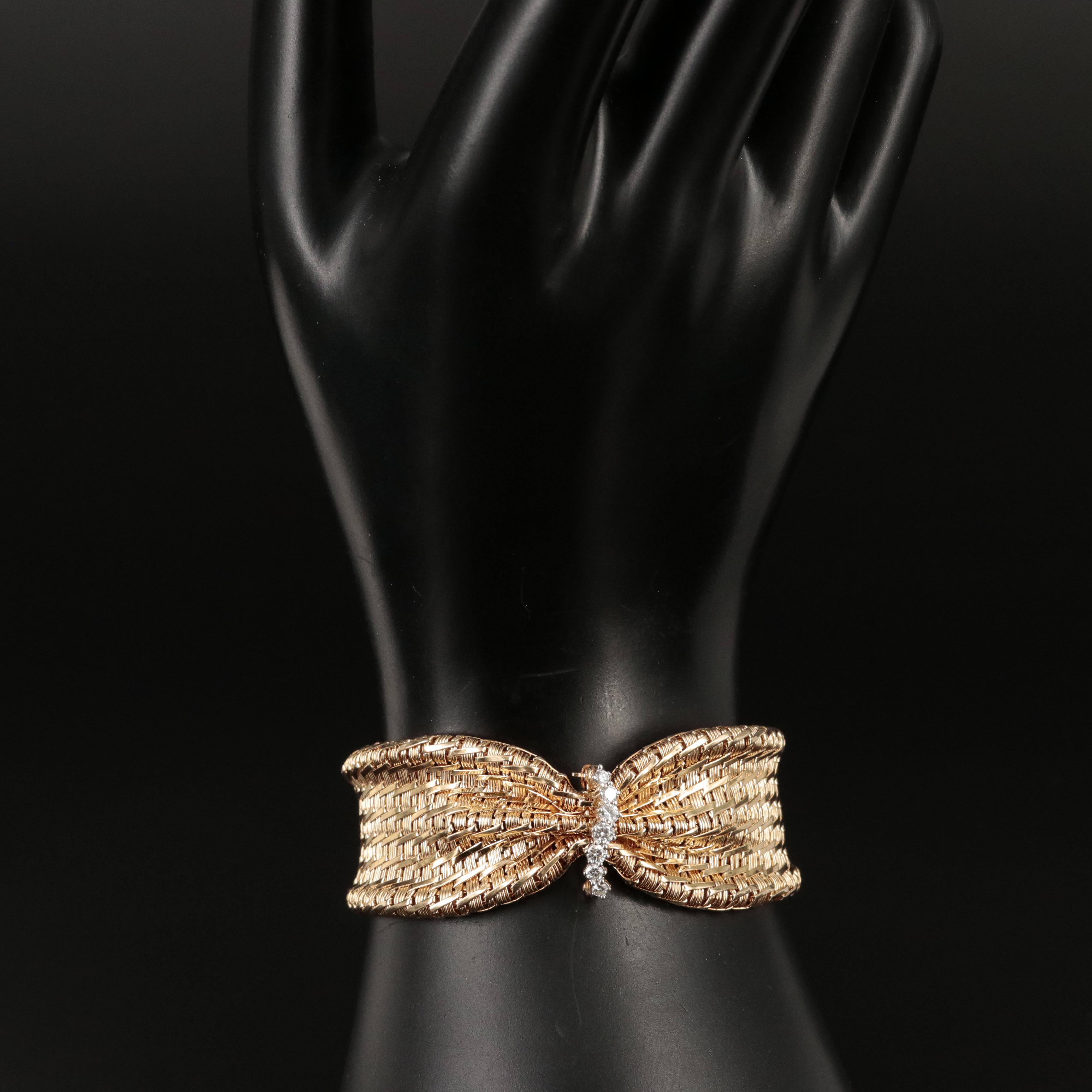 Vintage 14K 0.30 CTW Diamond Basket Weave Bracelet with Cinched Center