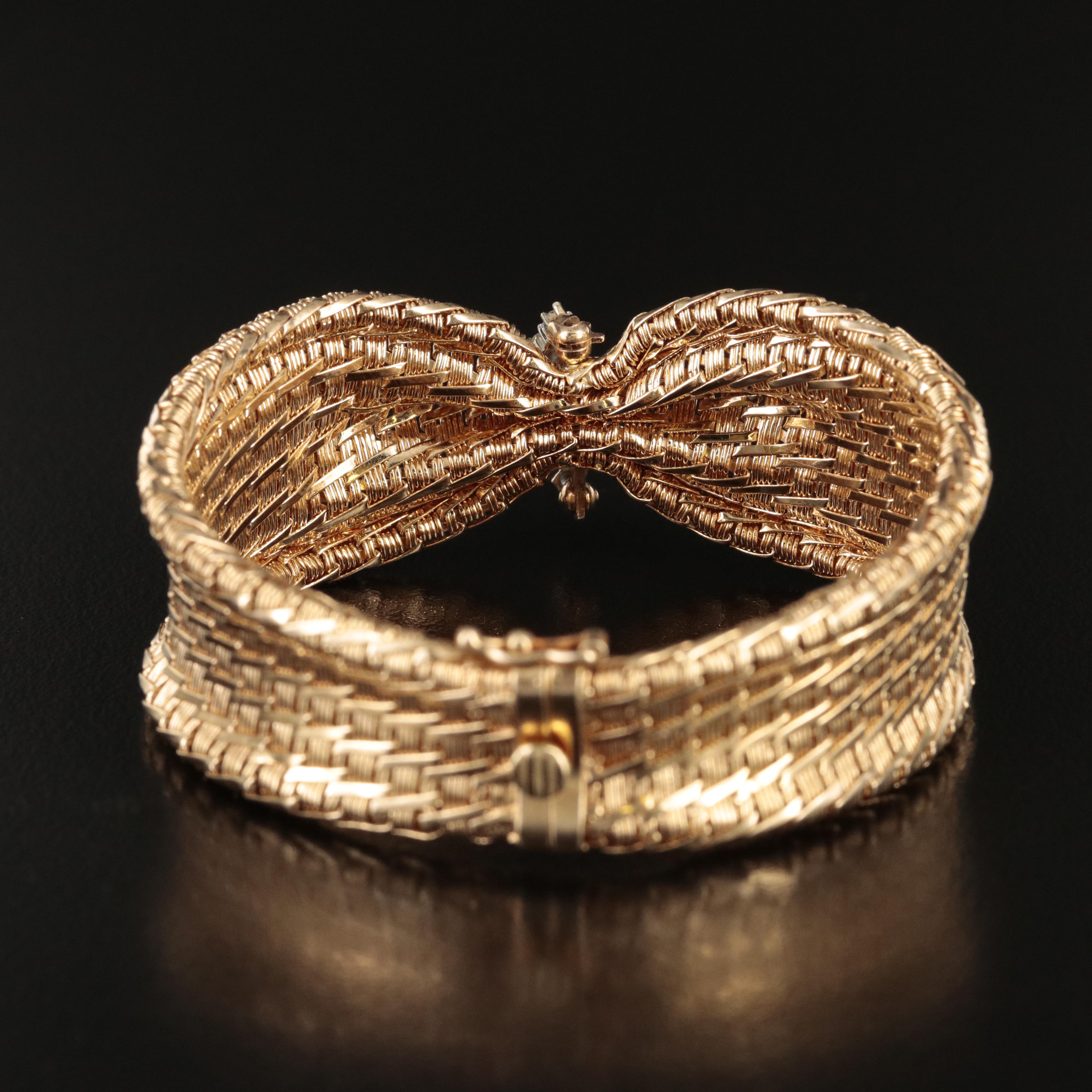 Vintage 14K 0.30 CTW Diamond Basket Weave Bracelet with Cinched Center