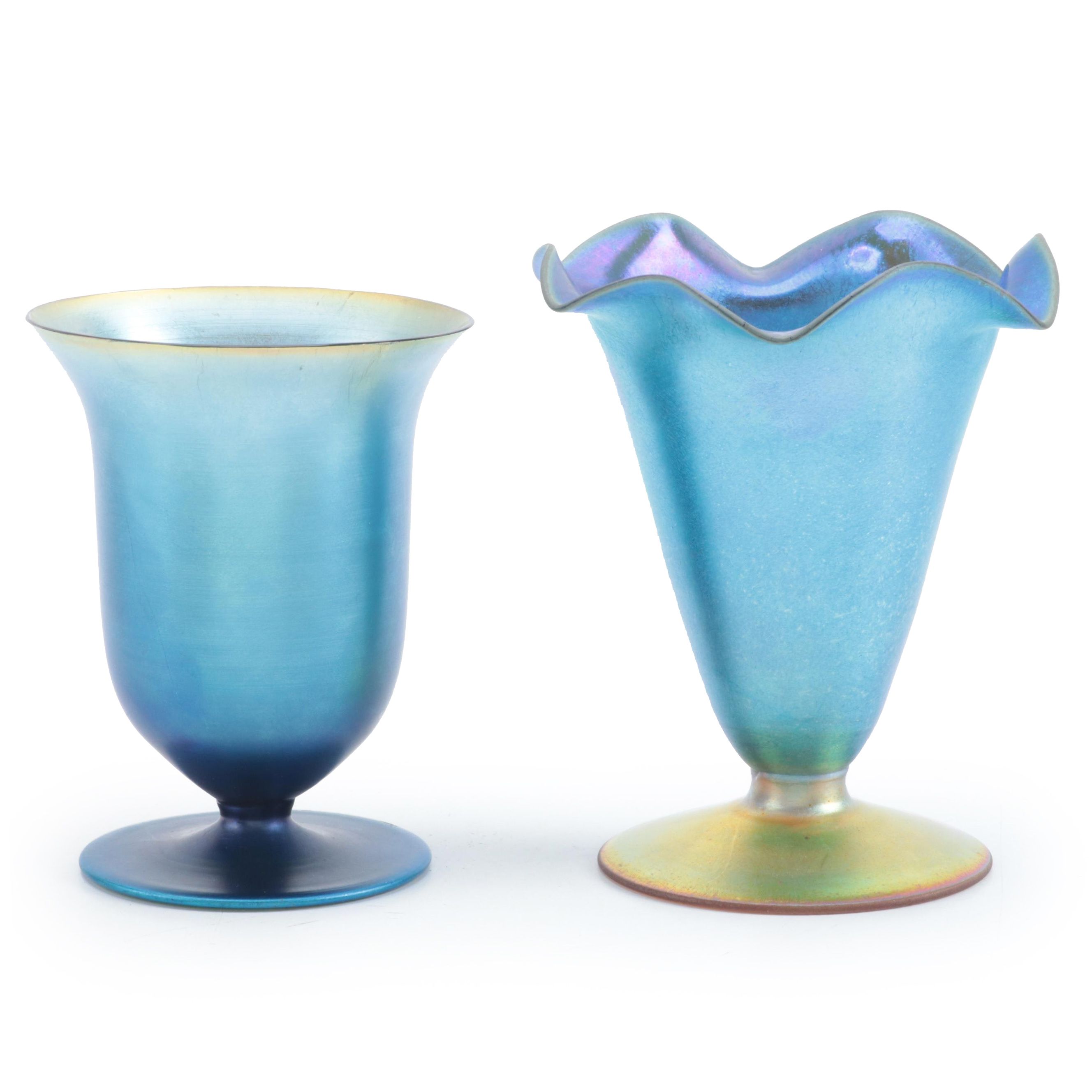 Czechoslovakian Art Nouveau Style Blue and Gold Iridescent Glass Footed Vases