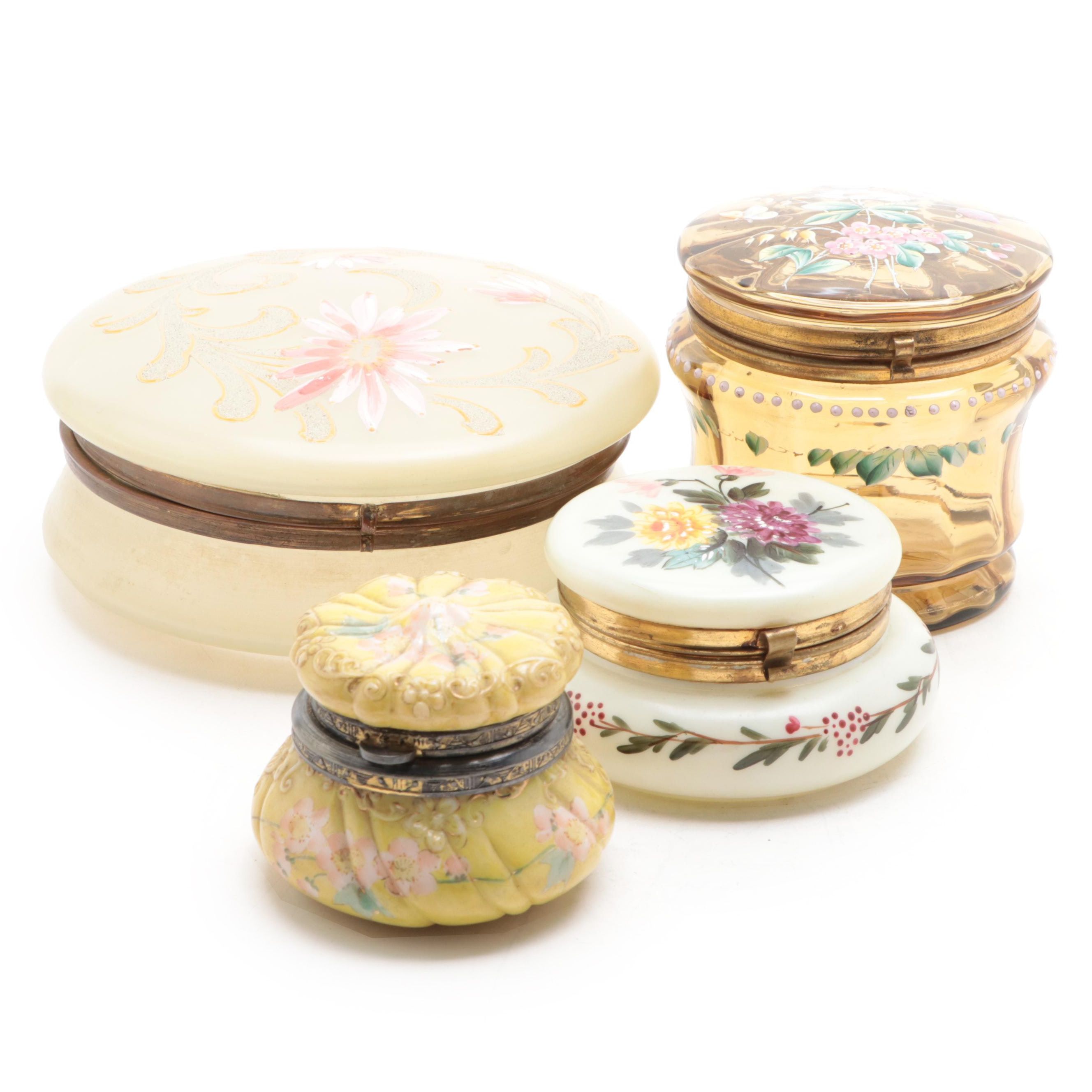 Hand Painted Metal Mounted Ceramic and Glass Vanity Jars