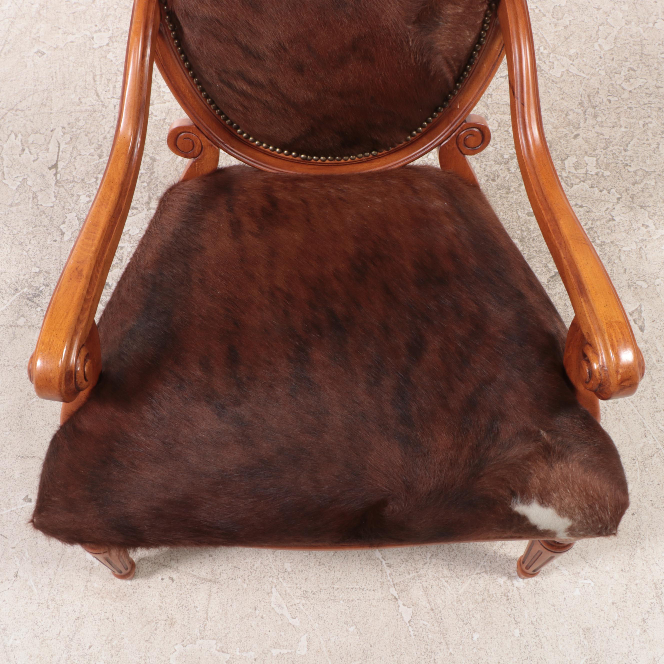 Louis XVI Style Carved Fruitwood and Cowhide Fauteuil, Mid-Late 20th Century