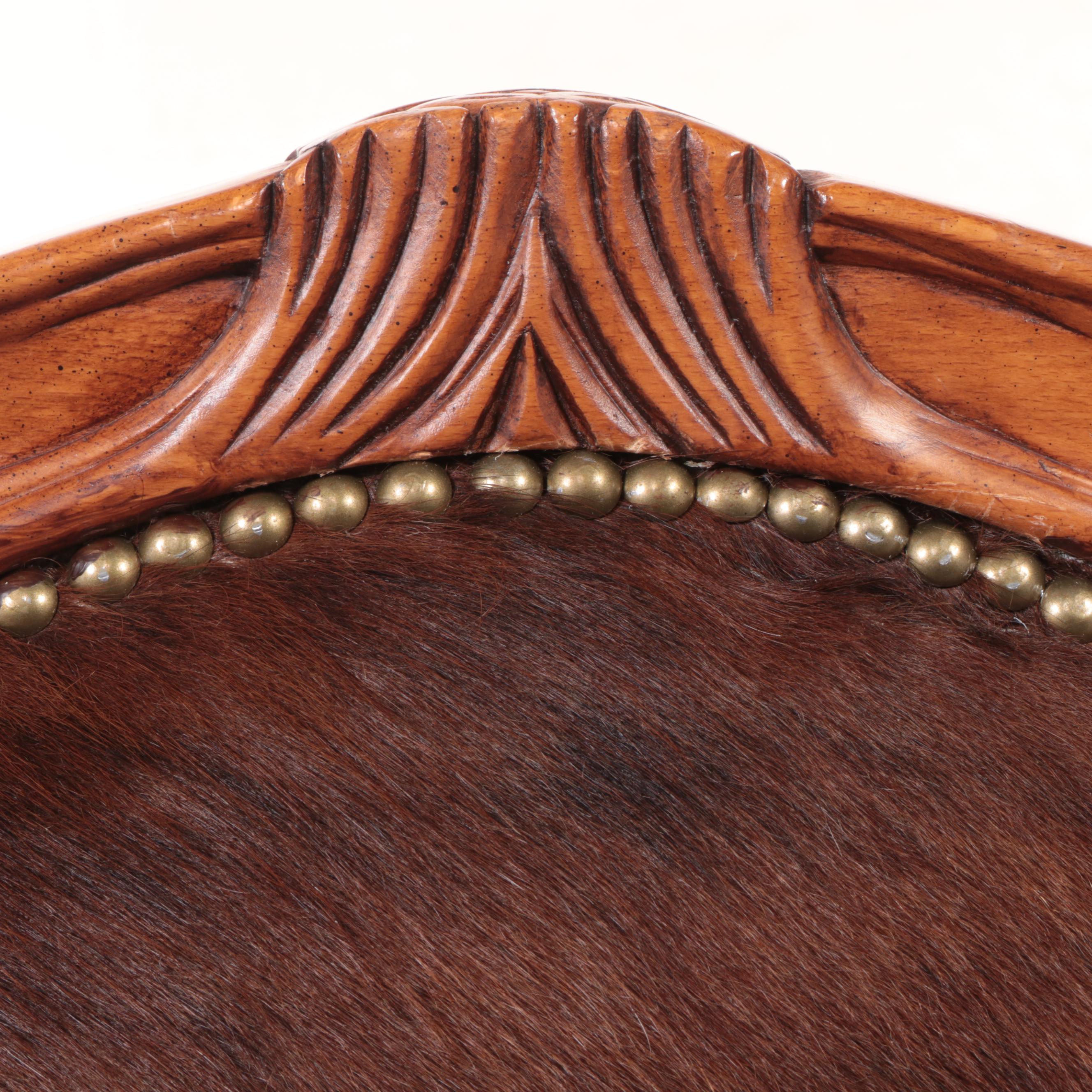 Louis XVI Style Carved Fruitwood and Cowhide Fauteuil, Mid-Late 20th Century