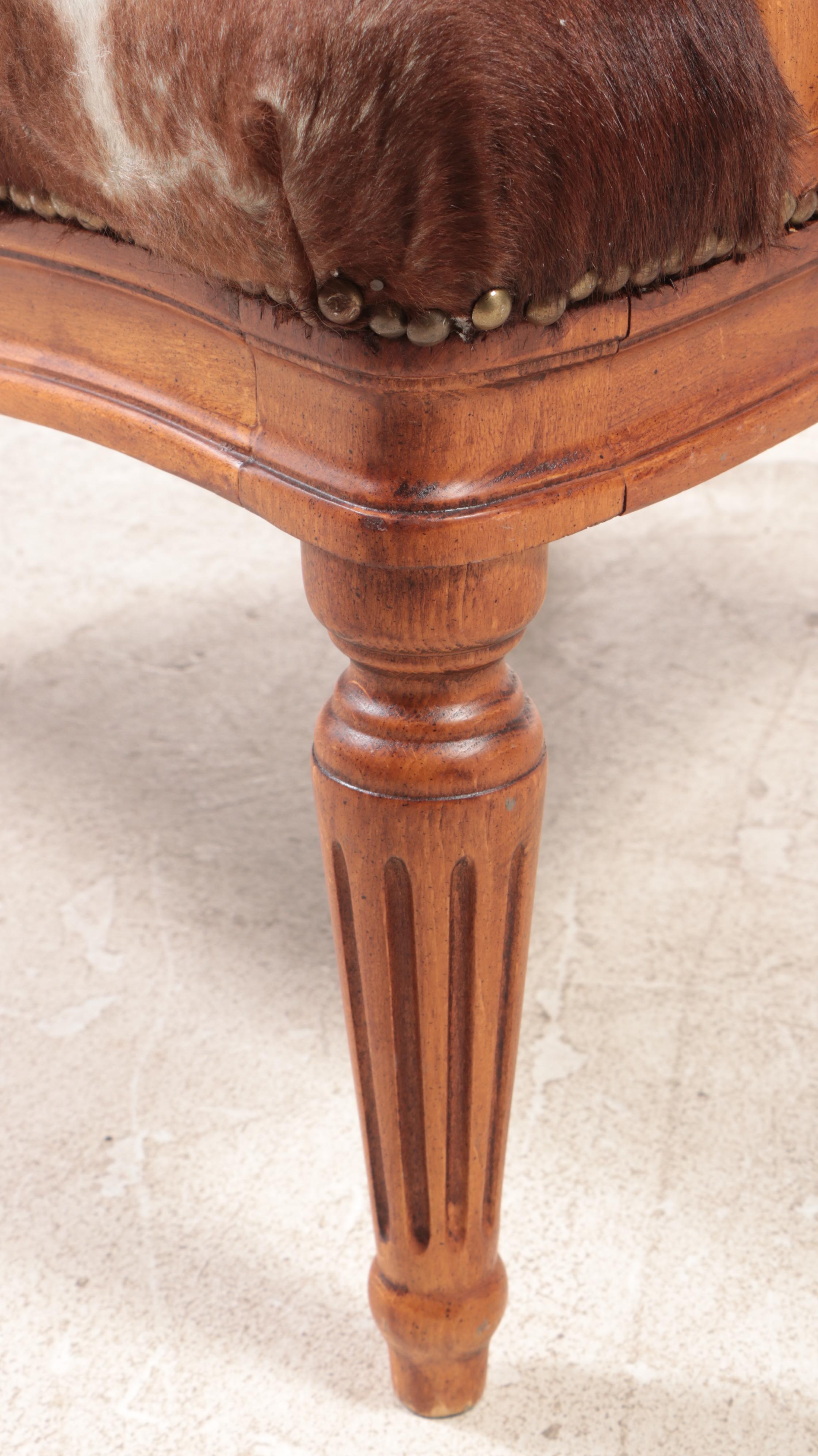 Louis XVI Style Carved Fruitwood and Cowhide Fauteuil, Mid-Late 20th Century