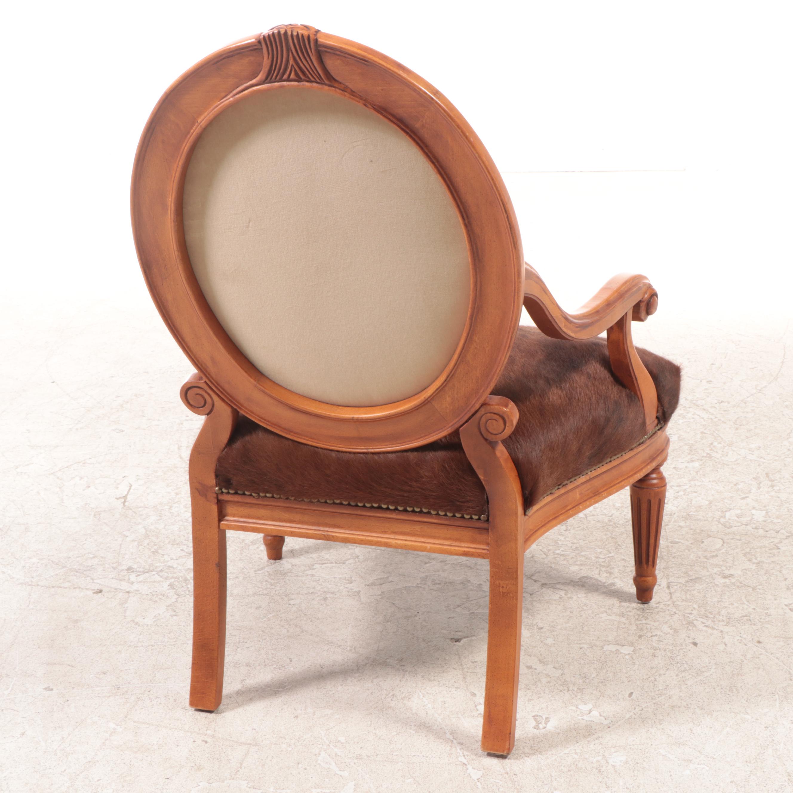 Louis XVI Style Carved Fruitwood and Cowhide Fauteuil, Mid-Late 20th Century