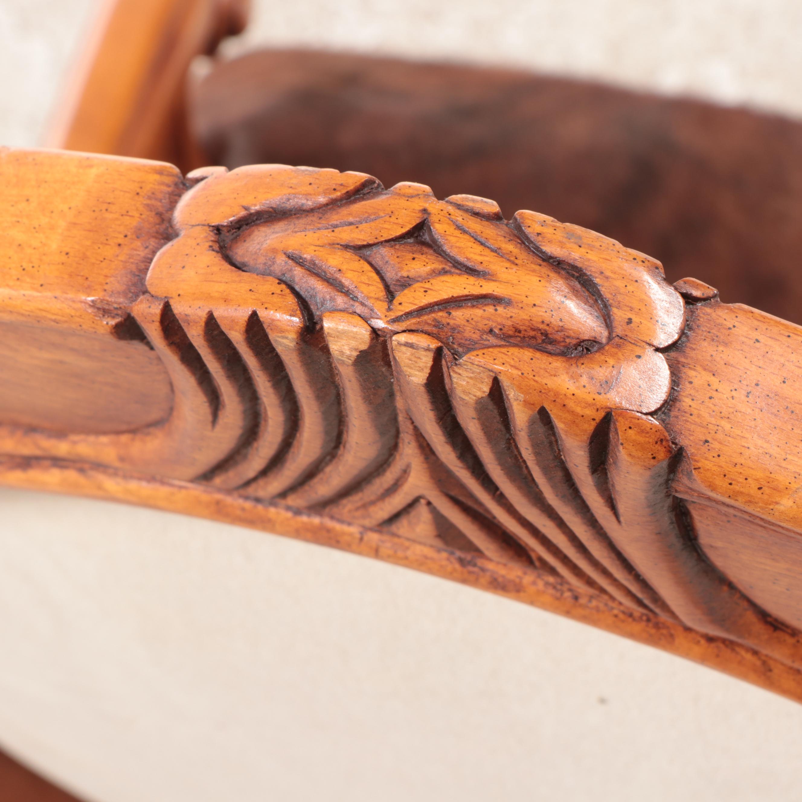 Louis XVI Style Carved Fruitwood and Cowhide Fauteuil, Mid-Late 20th Century