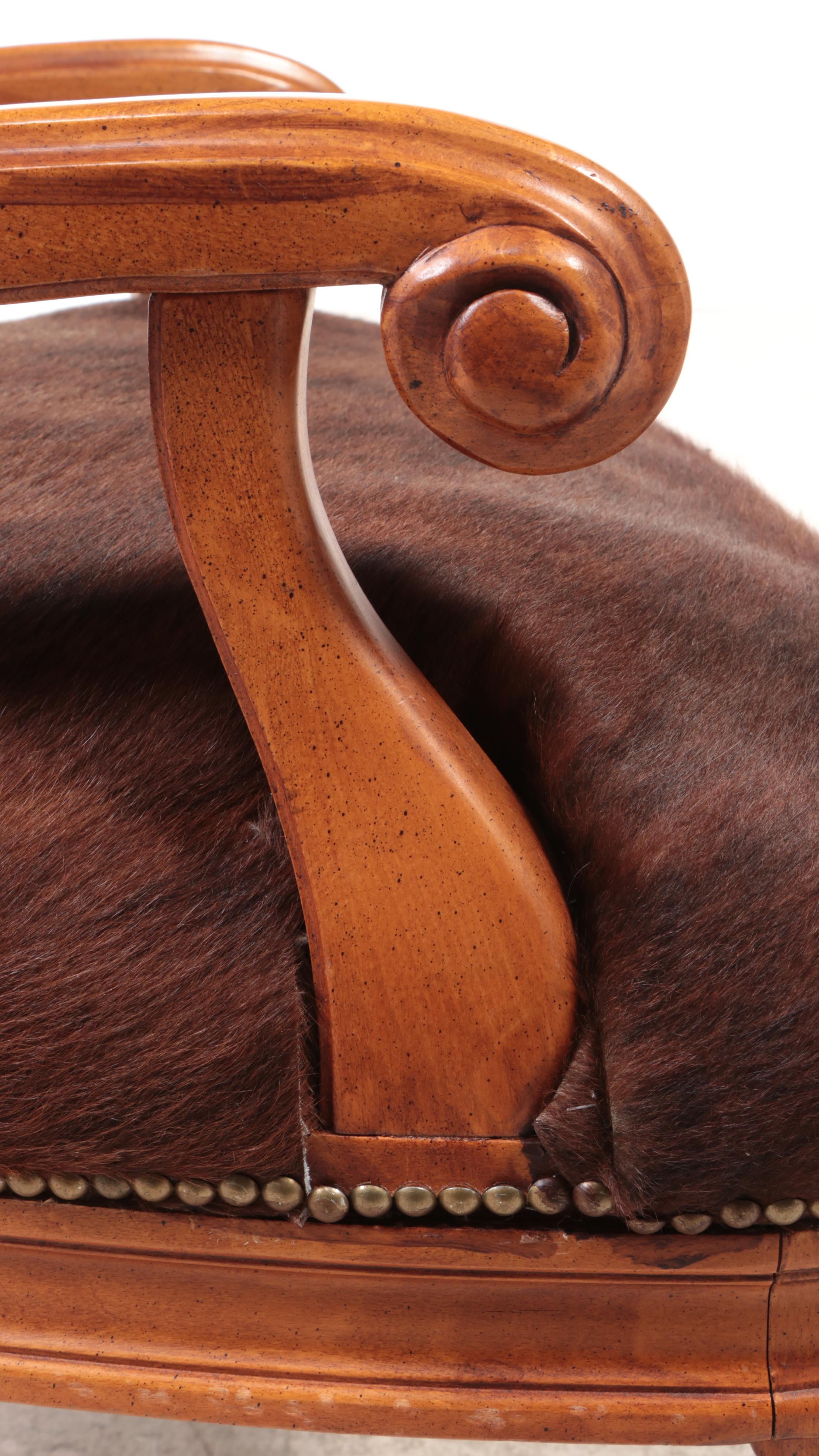 Louis XVI Style Carved Fruitwood and Cowhide Fauteuil, Mid-Late 20th Century