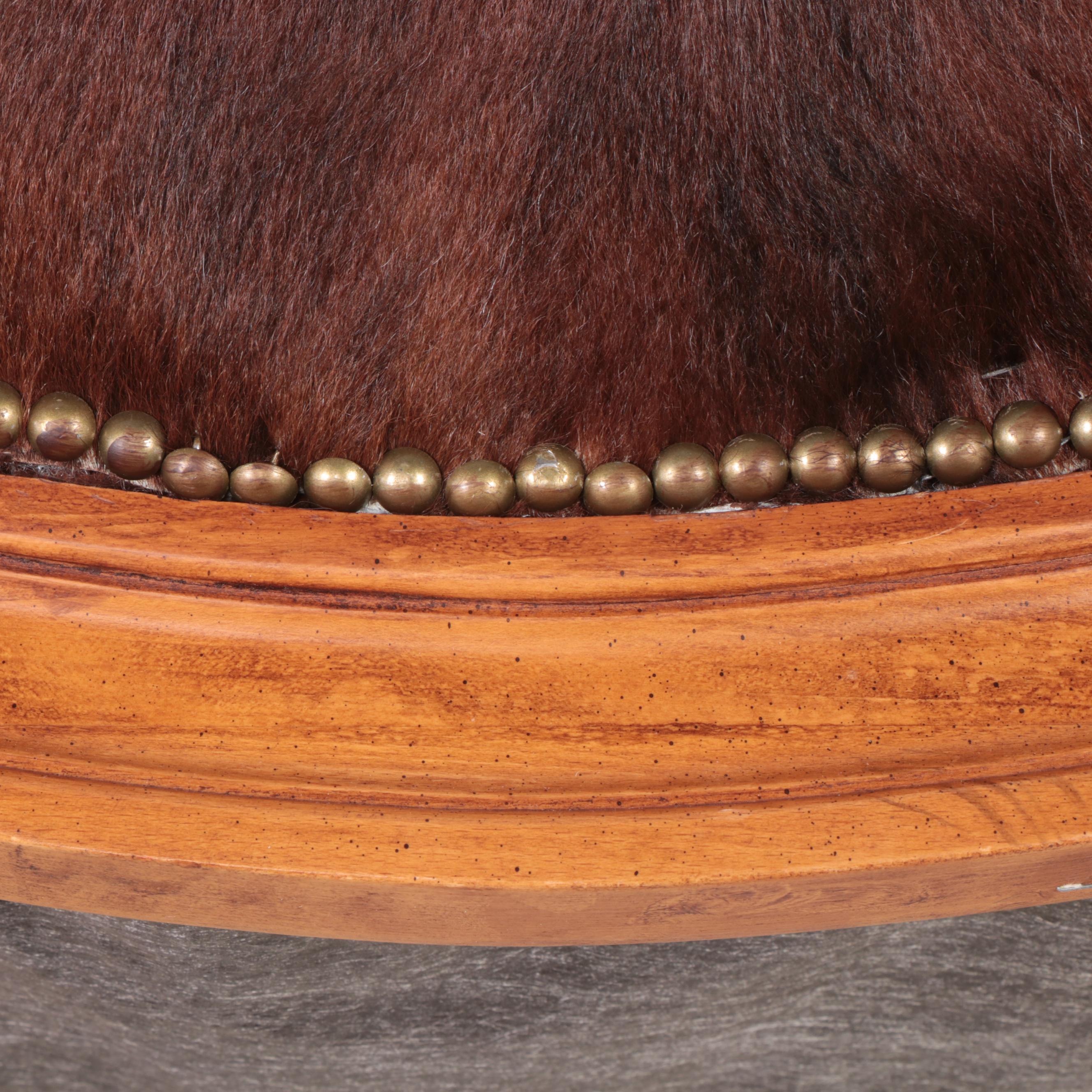 Louis XVI Style Carved Fruitwood and Cowhide Fauteuil, Mid-Late 20th Century