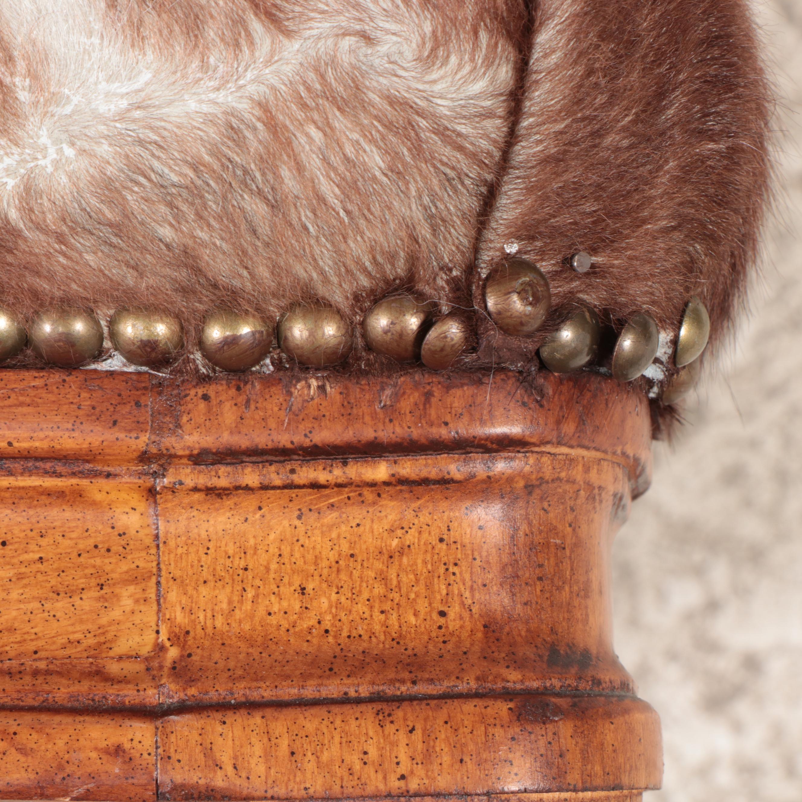 Louis XVI Style Carved Fruitwood and Cowhide Fauteuil, Mid-Late 20th Century