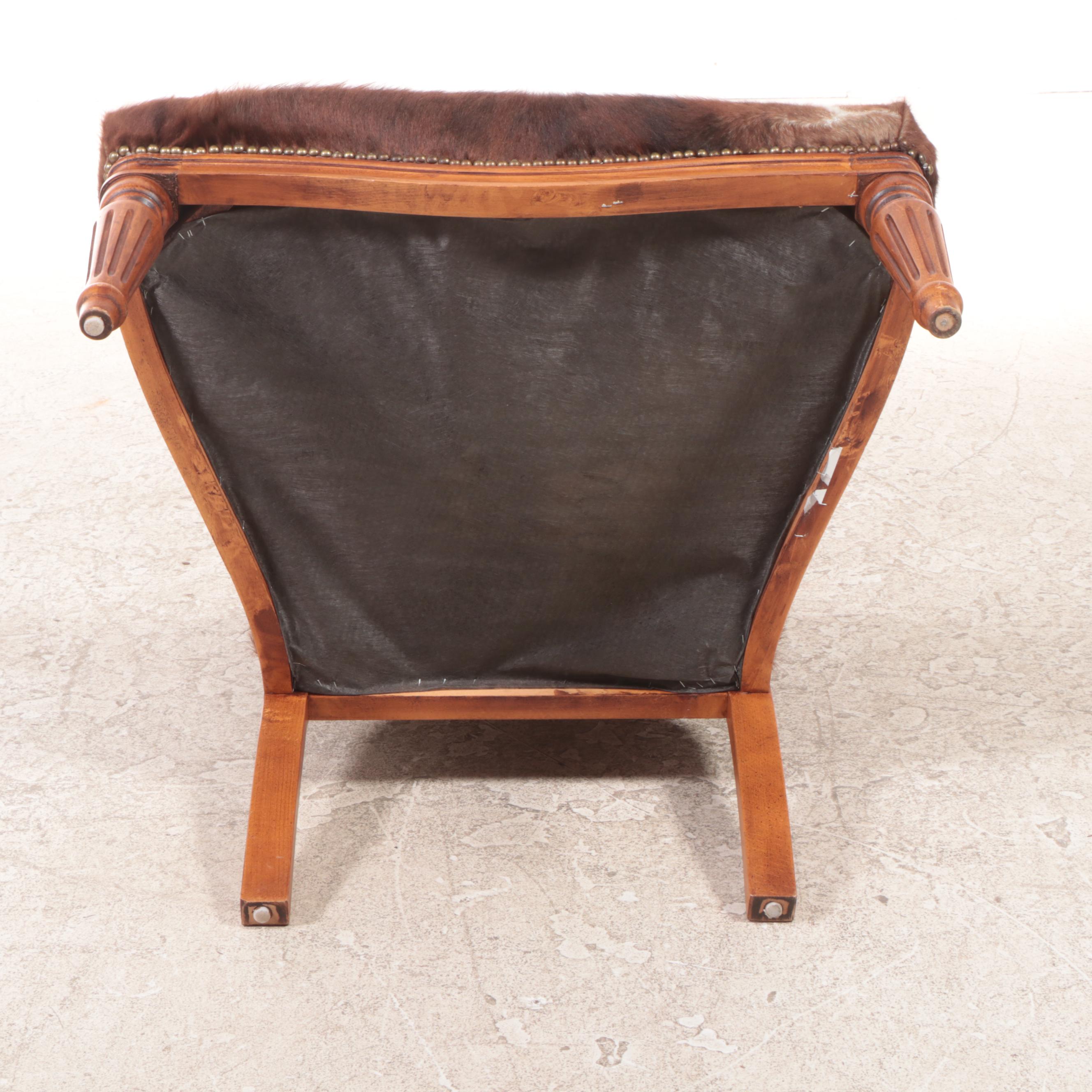 Louis XVI Style Carved Fruitwood and Cowhide Fauteuil, Mid-Late 20th Century
